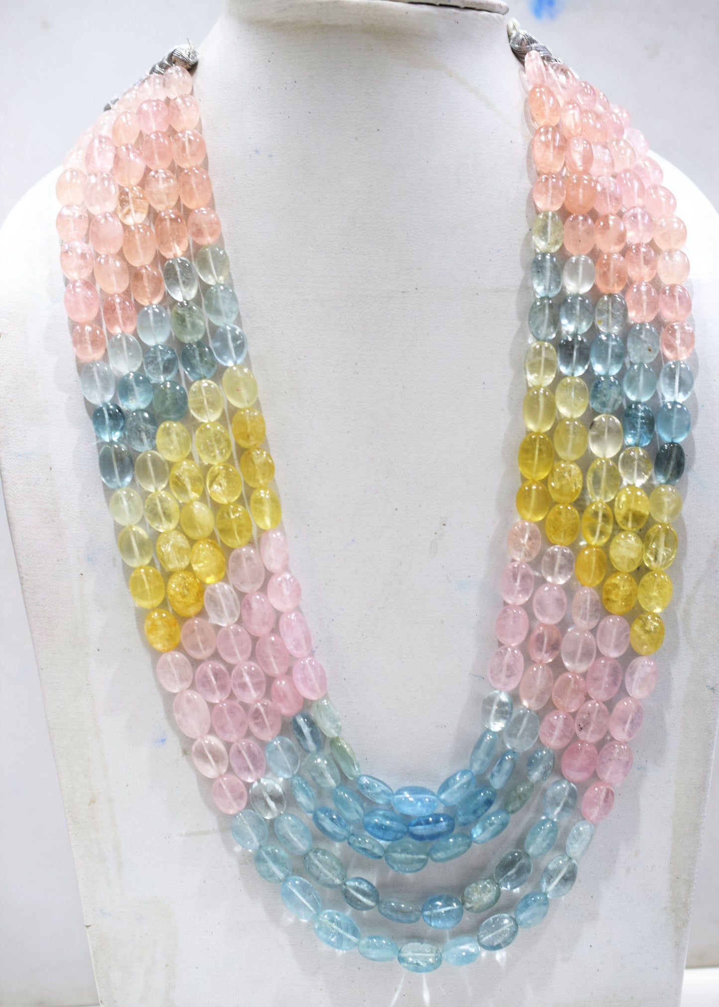 5 Lines Multi Aquamarine Smooth Oval Shape Beads Necklace With Adjustable Tussle , 9x11 - 10x15 mm , 17"- 22" ,  17529