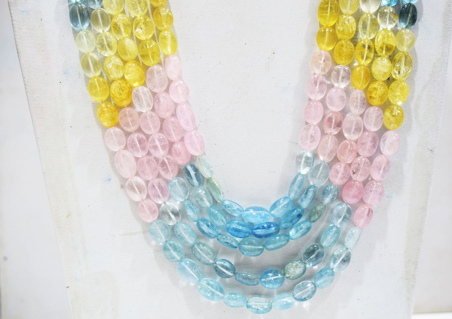 5 Lines Multi Aquamarine Smooth Oval Shape Beads Necklace With Adjustable Tussle , 9x11 - 10x15 mm , 17"- 22" ,  17529