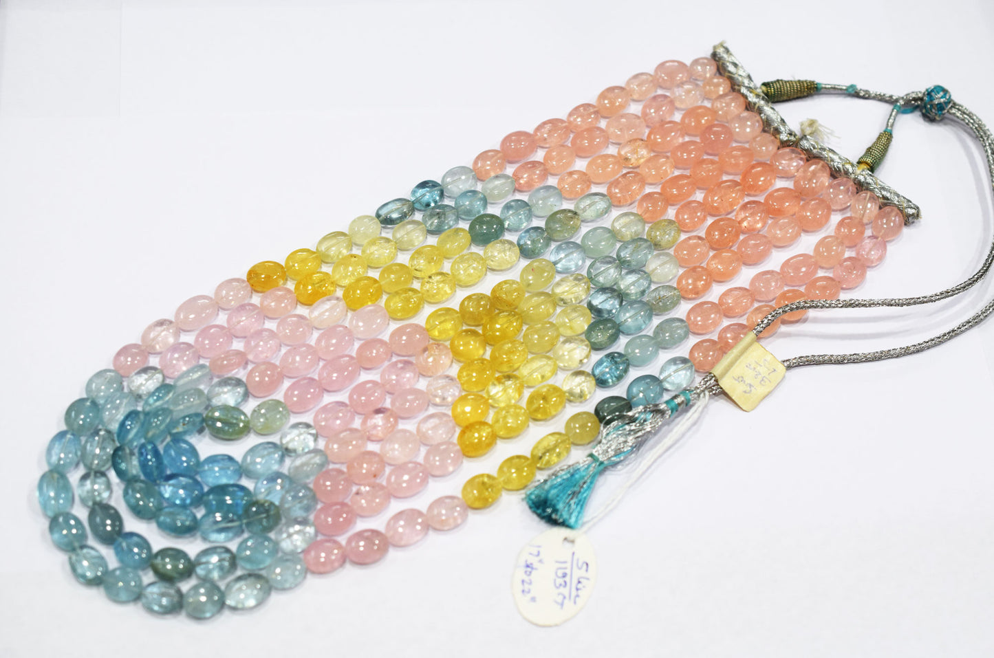 5 Lines Multi Aquamarine Smooth Oval Shape Beads Necklace With Adjustable Tussle , 9x11 - 10x15 mm , 17"- 22" ,  17529