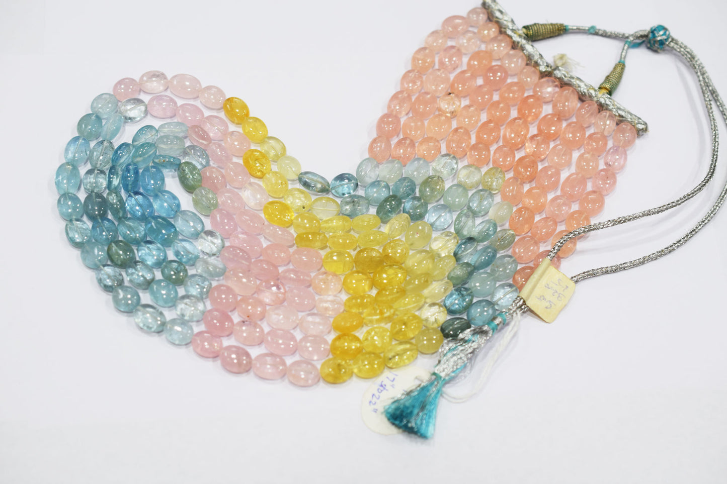 5 Lines Multi Aquamarine Smooth Oval Shape Beads Necklace With Adjustable Tussle , 9x11 - 10x15 mm , 17"- 22" ,  17529