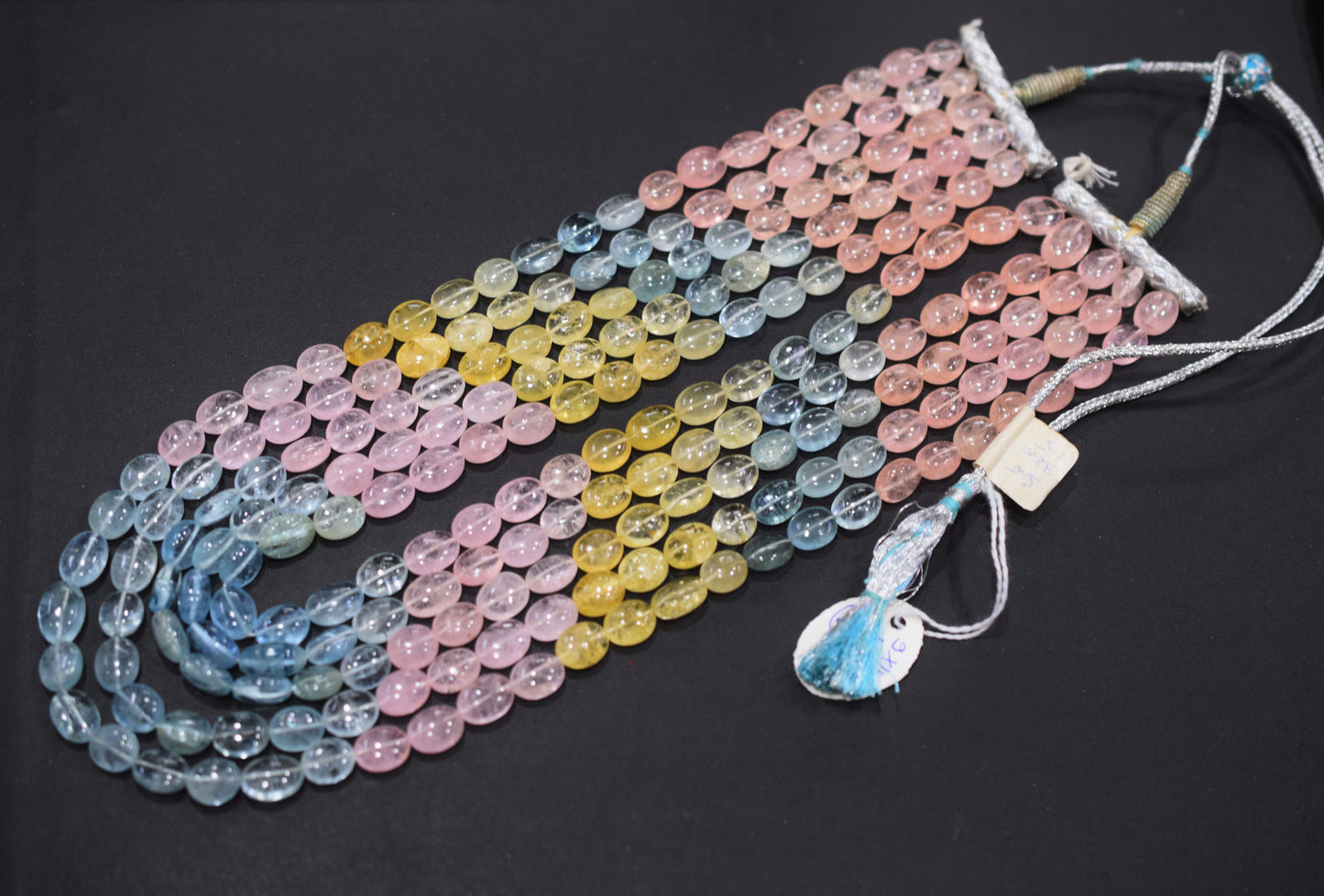 5 Lines Multi Aquamarine Smooth Oval Shape Beads Necklace With Adjustable Tussle , 9x11 - 10x15 mm , 17"- 22" ,  17529