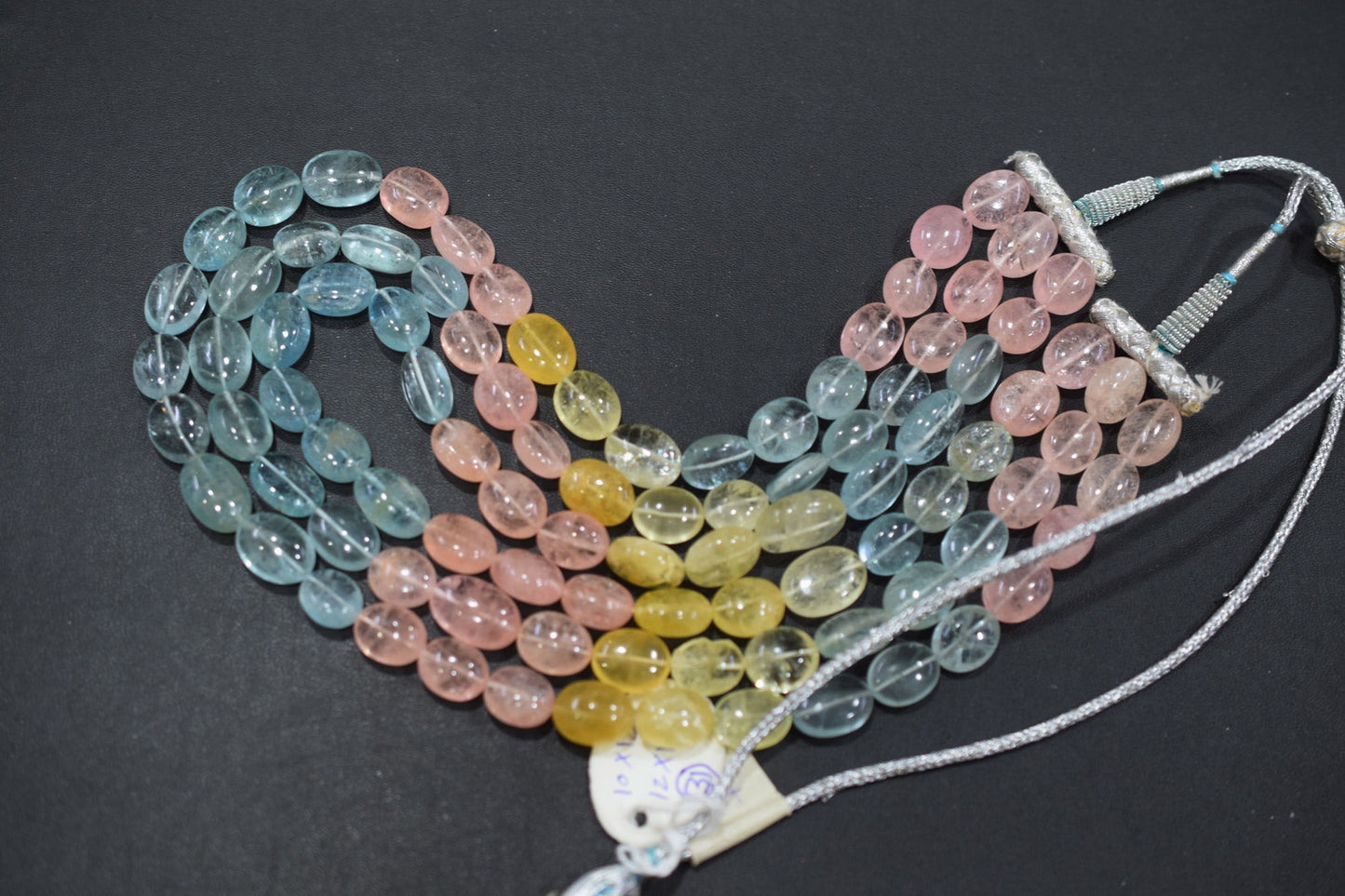 3 Lines Multi Aquamarine Smooth Oval Shape Beads Necklace With Adjustable Tussle , 10x12 - 12x17 mm , 16"- 18" ,  17531