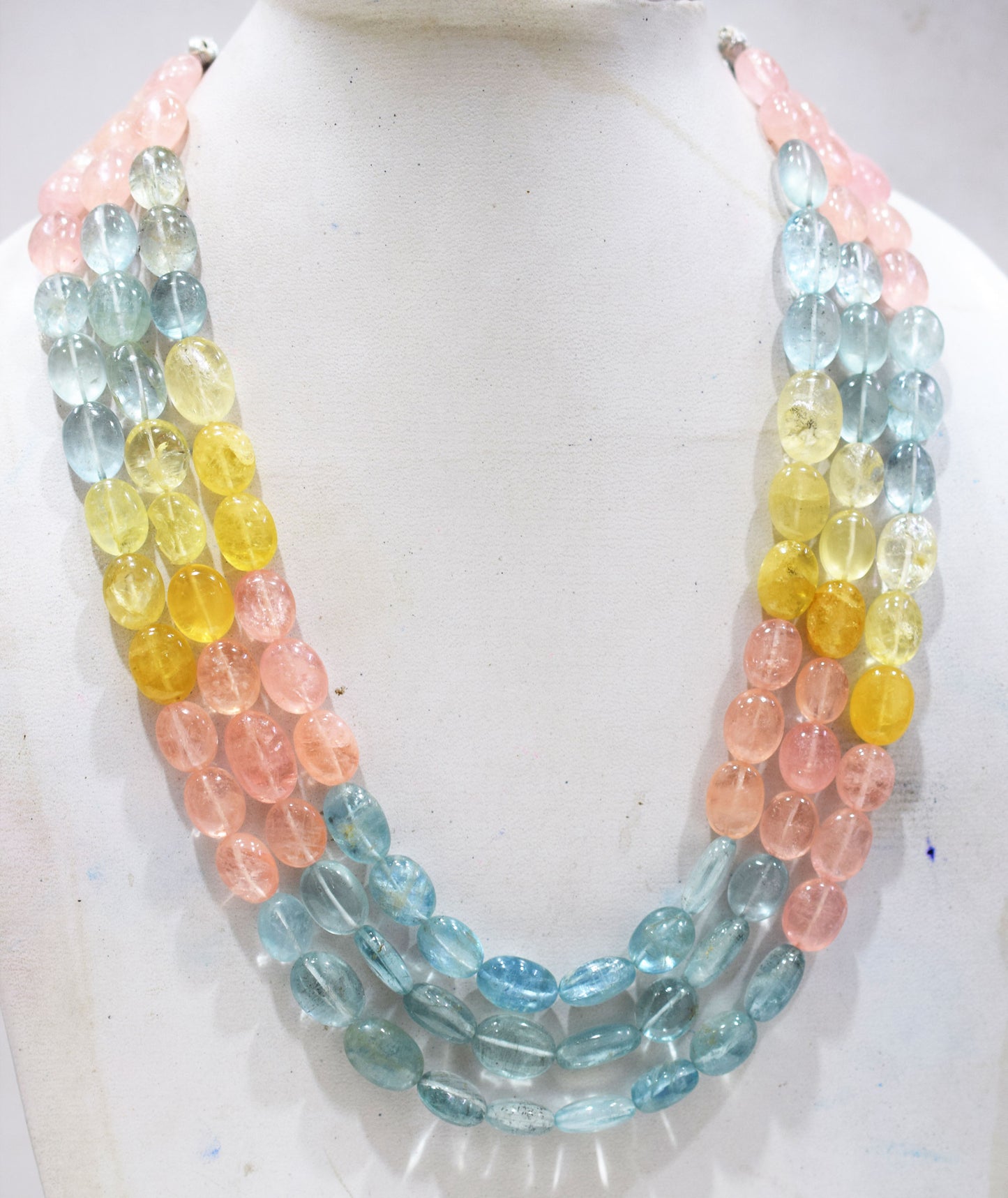 3 Lines Multi Aquamarine Smooth Oval Shape Beads Necklace With Adjustable Tussle , 10x12 - 12x17 mm , 16"- 18" ,  17531