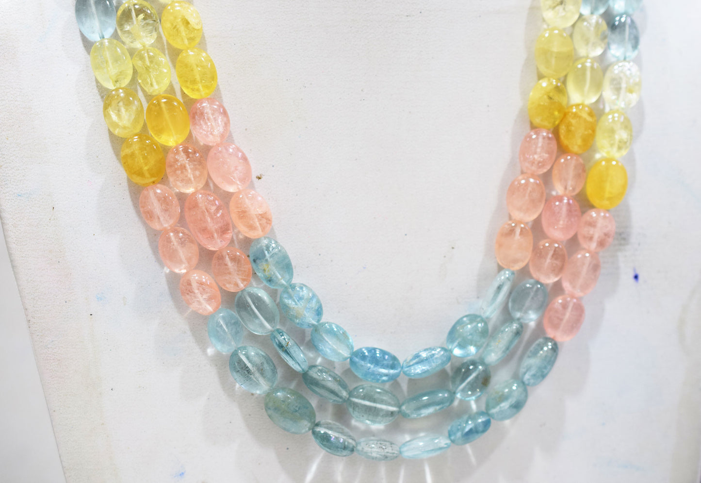 3 Lines Multi Aquamarine Smooth Oval Shape Beads Necklace With Adjustable Tussle , 10x12 - 12x17 mm , 16"- 18" ,  17531