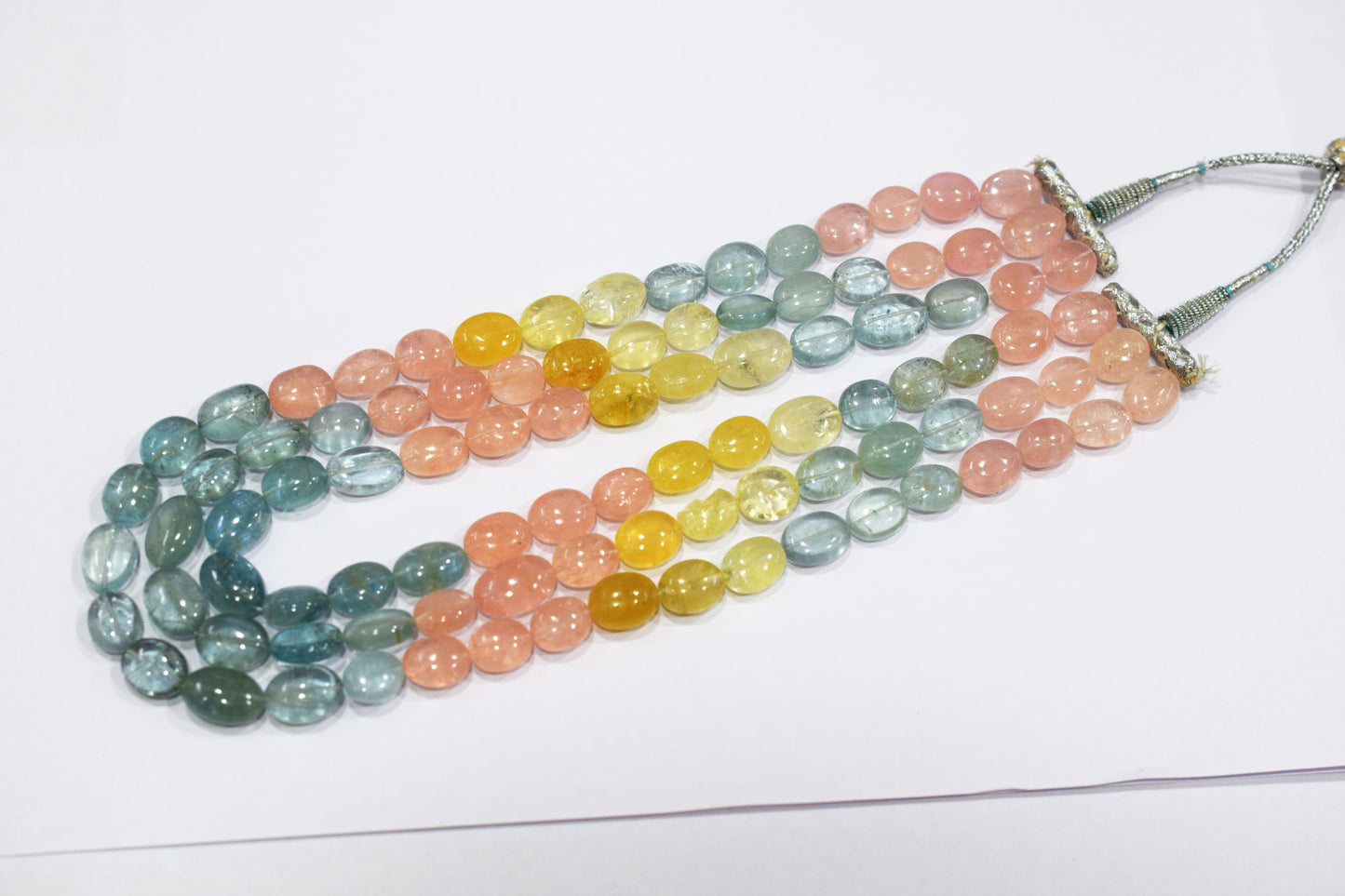 3 Lines Multi Aquamarine Smooth Oval Shape Beads Necklace With Adjustable Tussle , 10x12 - 12x17 mm , 16"- 18" ,  17531
