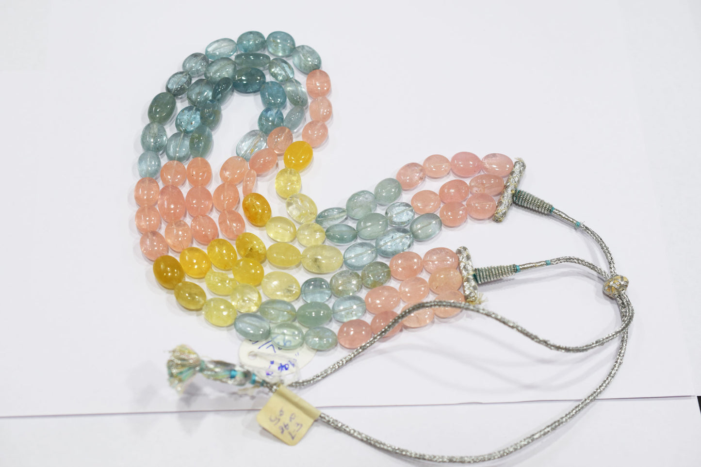 3 Lines Multi Aquamarine Smooth Oval Shape Beads Necklace With Adjustable Tussle , 10x12 - 12x17 mm , 16"- 18" ,  17531