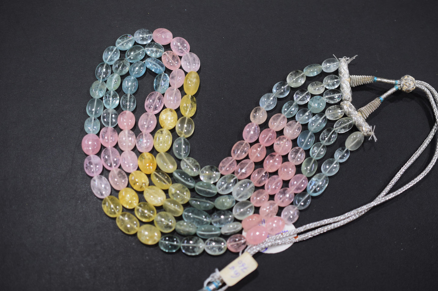3 Lines Multi Aquamarine Smooth Oval Shape Beads Necklace With Adjustable Tussle , 9x11 - 10x16 mm , 18"- 21" ,  17533