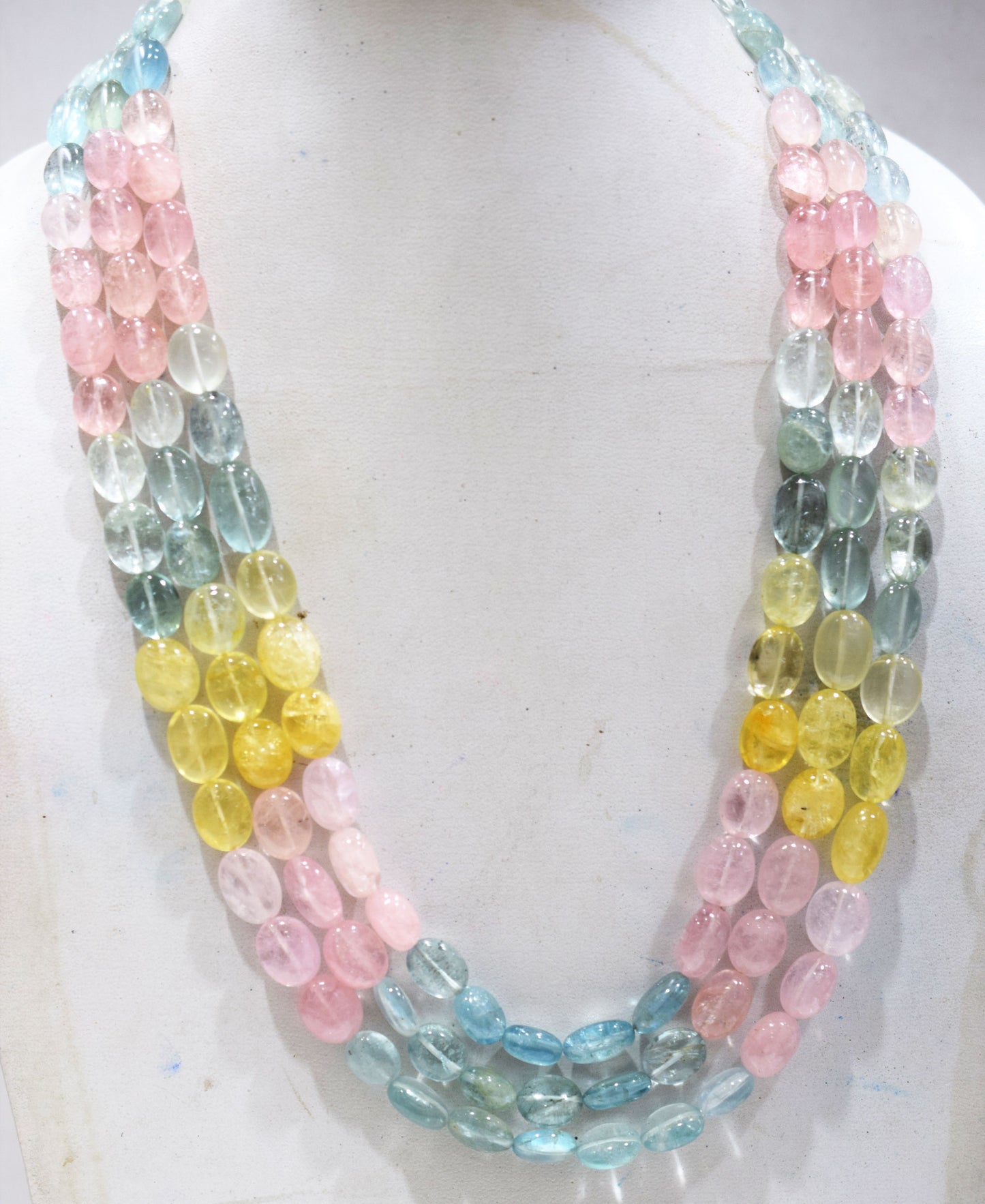 3 Lines Multi Aquamarine Smooth Oval Shape Beads Necklace With Adjustable Tussle , 9x11 - 10x16 mm , 18"- 21" ,  17533