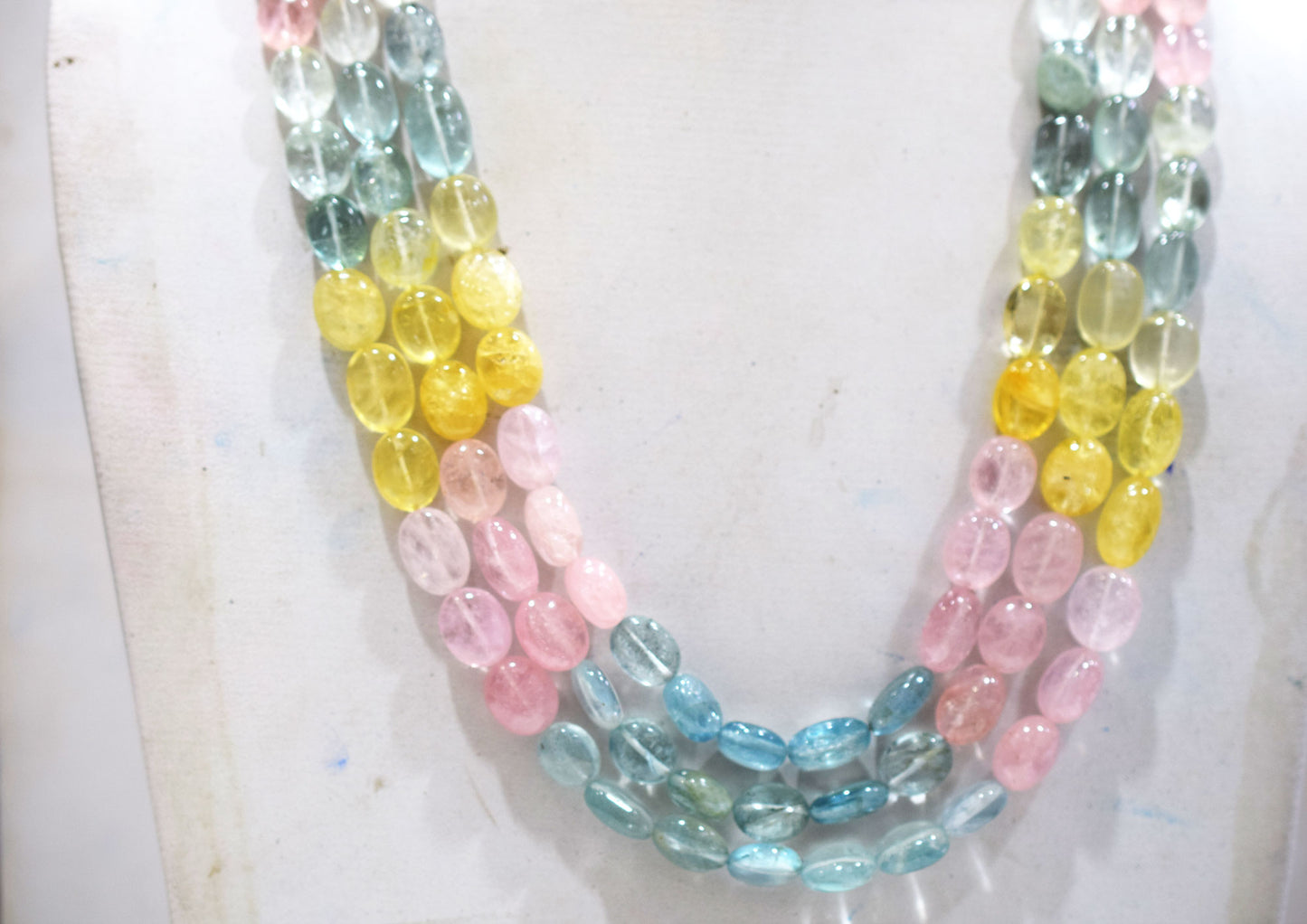 3 Lines Multi Aquamarine Smooth Oval Shape Beads Necklace With Adjustable Tussle , 9x11 - 10x16 mm , 18"- 21" ,  17533