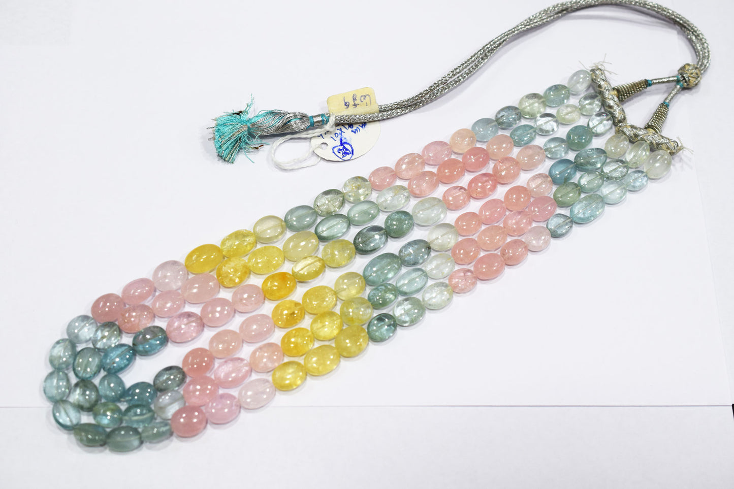 3 Lines Multi Aquamarine Smooth Oval Shape Beads Necklace With Adjustable Tussle , 9x11 - 10x16 mm , 18"- 21" ,  17533