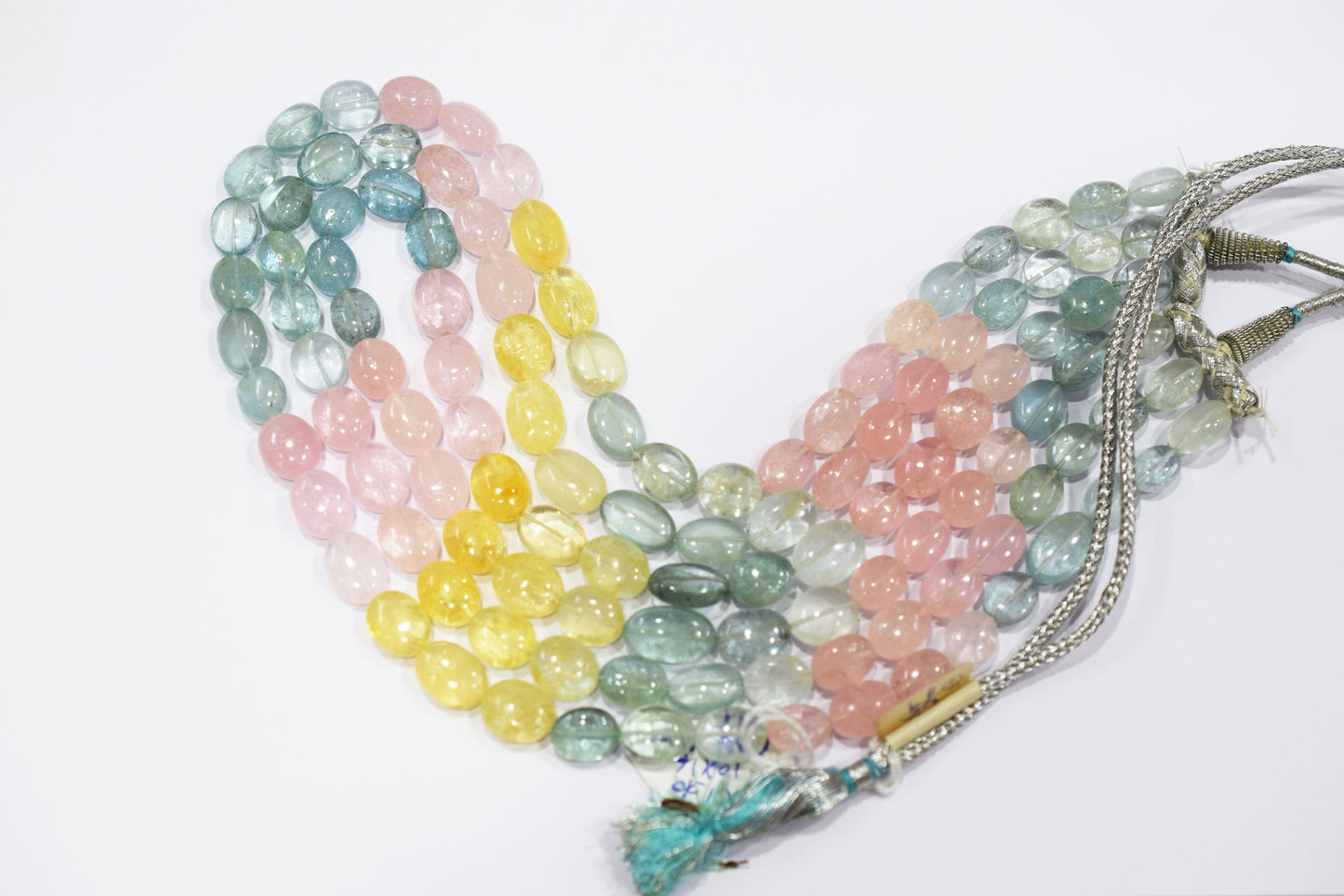 3 Lines Multi Aquamarine Smooth Oval Shape Beads Necklace With Adjustable Tussle , 9x11 - 10x16 mm , 18"- 21" ,  17533