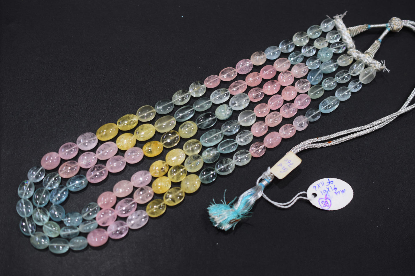 3 Lines Multi Aquamarine Smooth Oval Shape Beads Necklace With Adjustable Tussle , 9x11 - 10x16 mm , 18"- 21" ,  17533