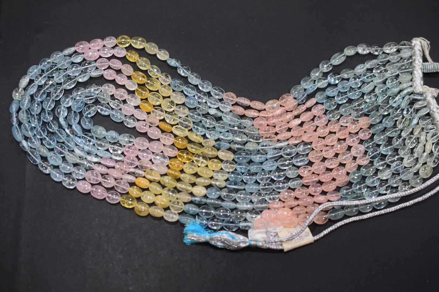 7 Lines Multi Aquamarine Smooth Oval Shape Beads Necklace With Adjustable Tussle , 7x9 - 7.50x10.5 mm , 19"- 24" ,  17536