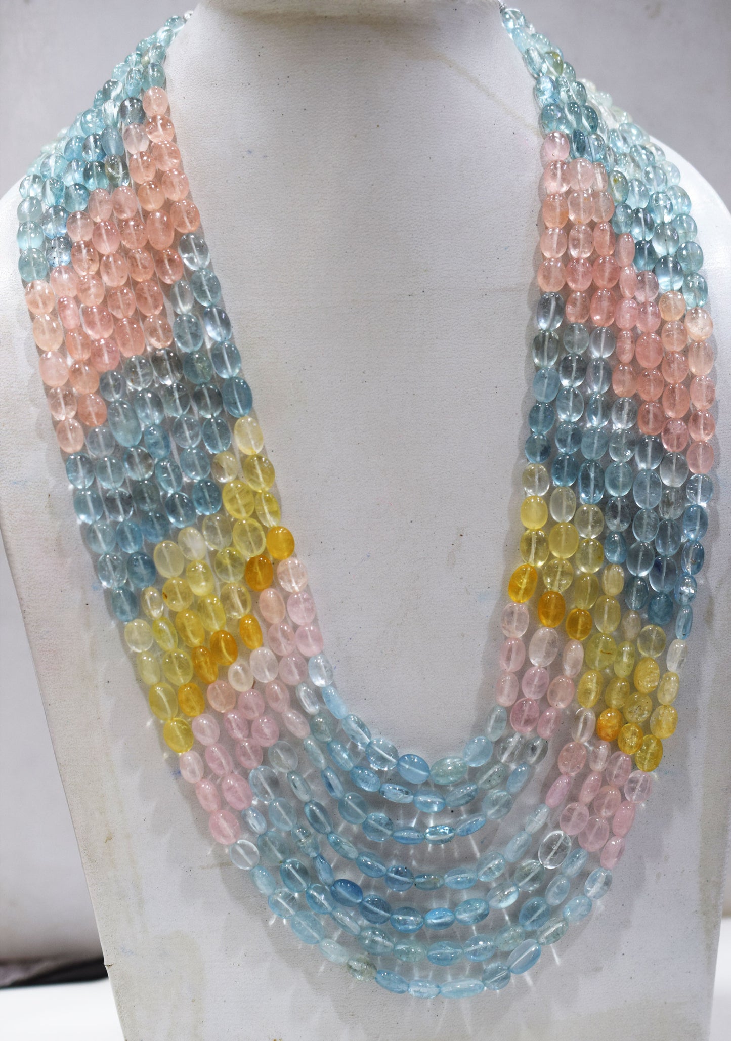 7 Lines Multi Aquamarine Smooth Oval Shape Beads Necklace With Adjustable Tussle , 7x9 - 7.50x10.5 mm , 19"- 24" ,  17536