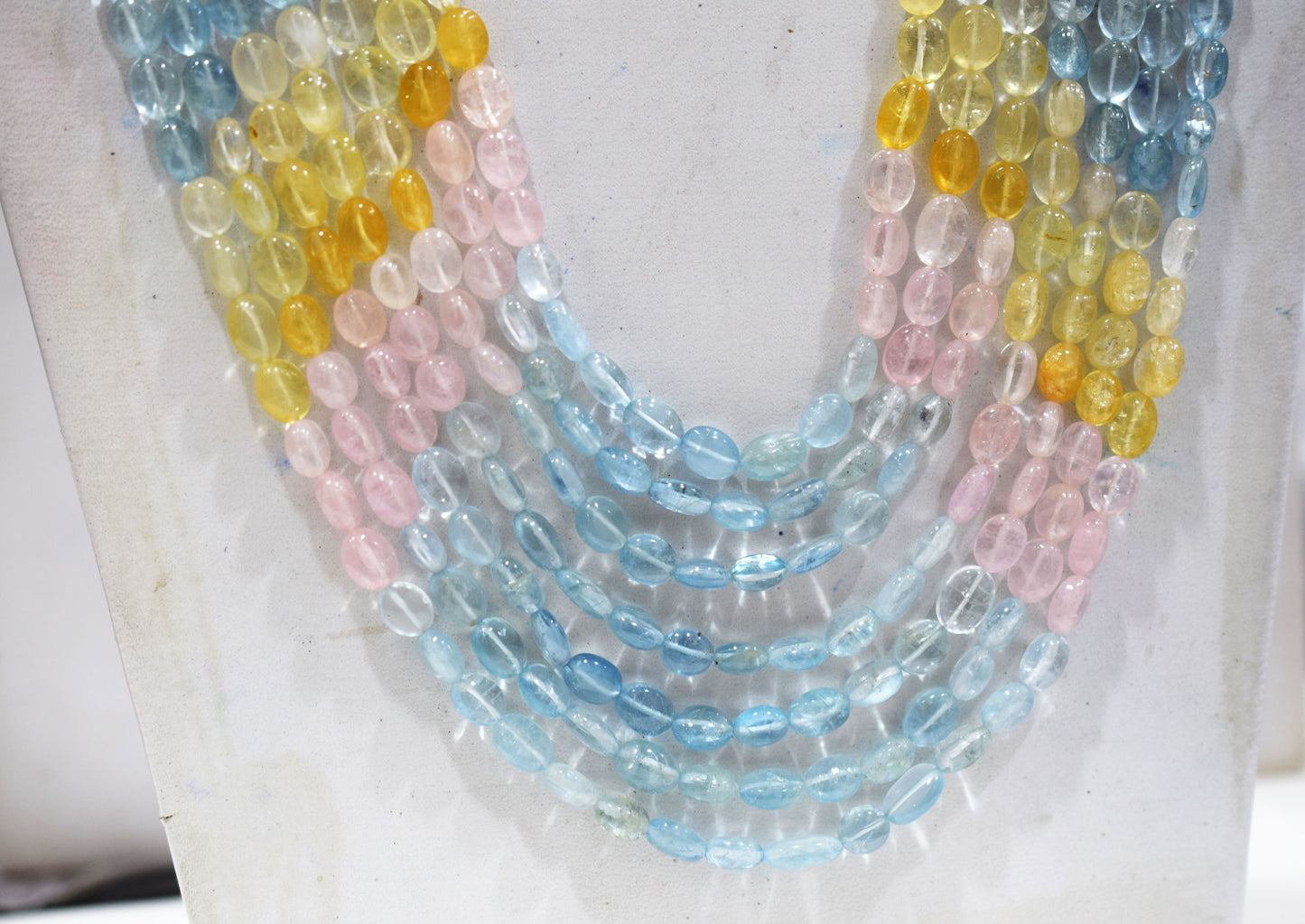7 Lines Multi Aquamarine Smooth Oval Shape Beads Necklace With Adjustable Tussle , 7x9 - 7.50x10.5 mm , 19"- 24" ,  17536