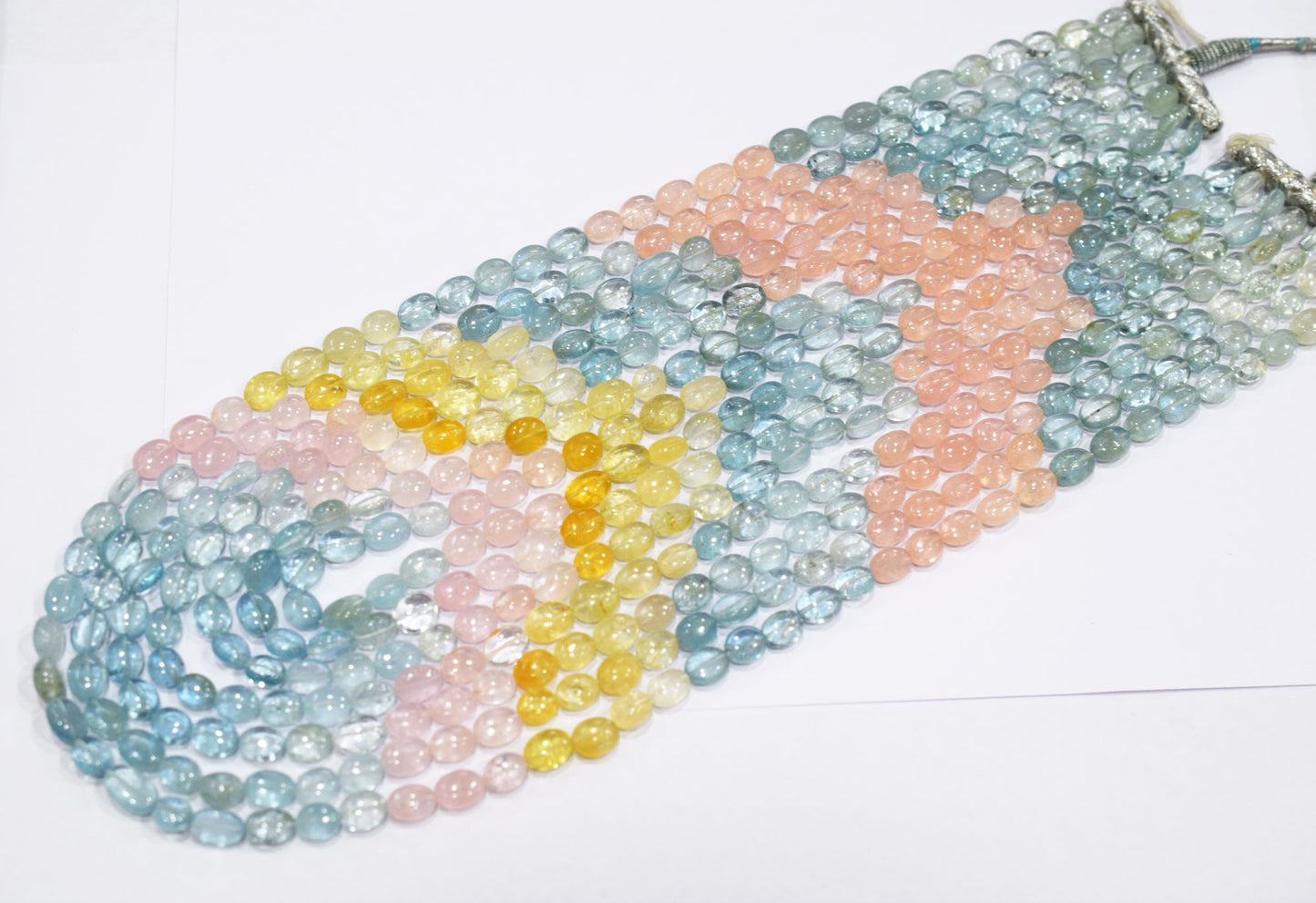 7 Lines Multi Aquamarine Smooth Oval Shape Beads Necklace With Adjustable Tussle , 7x9 - 7.50x10.5 mm , 19"- 24" ,  17536