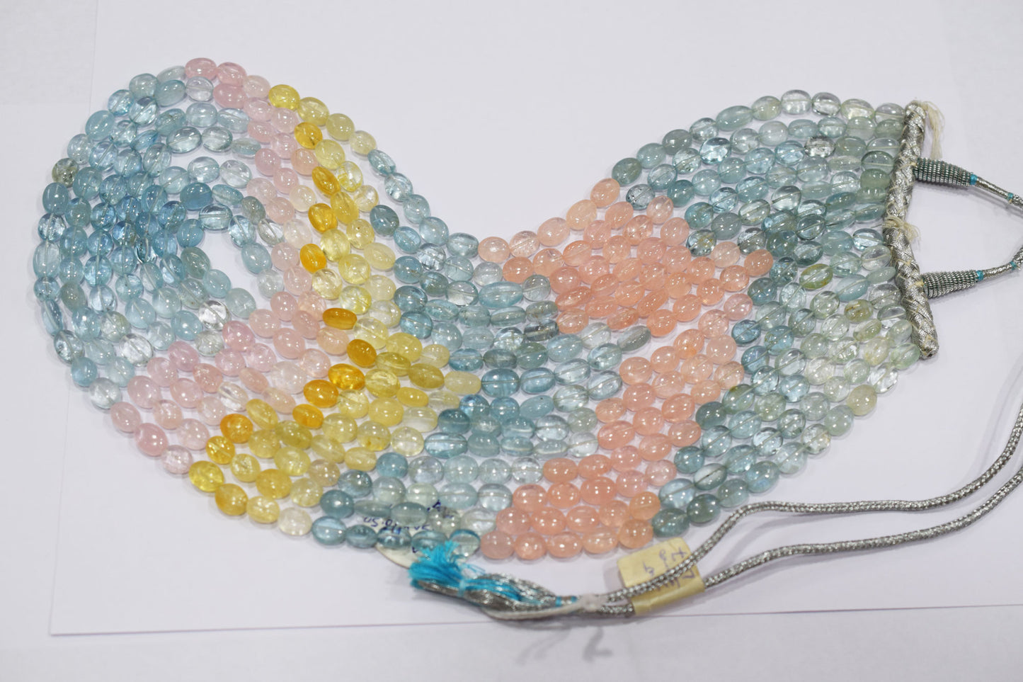7 Lines Multi Aquamarine Smooth Oval Shape Beads Necklace With Adjustable Tussle , 7x9 - 7.50x10.5 mm , 19"- 24" ,  17536