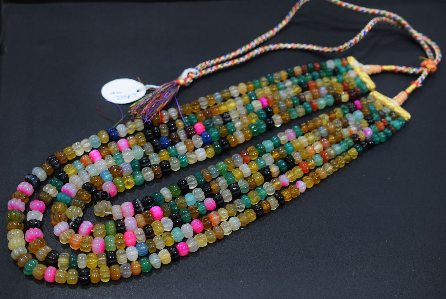 5 Lines Multi Chalcedony Carved Melon Shape Beads Necklace With Adjustable Tussle , 6 - 12 mm , 16" - 22", 18531