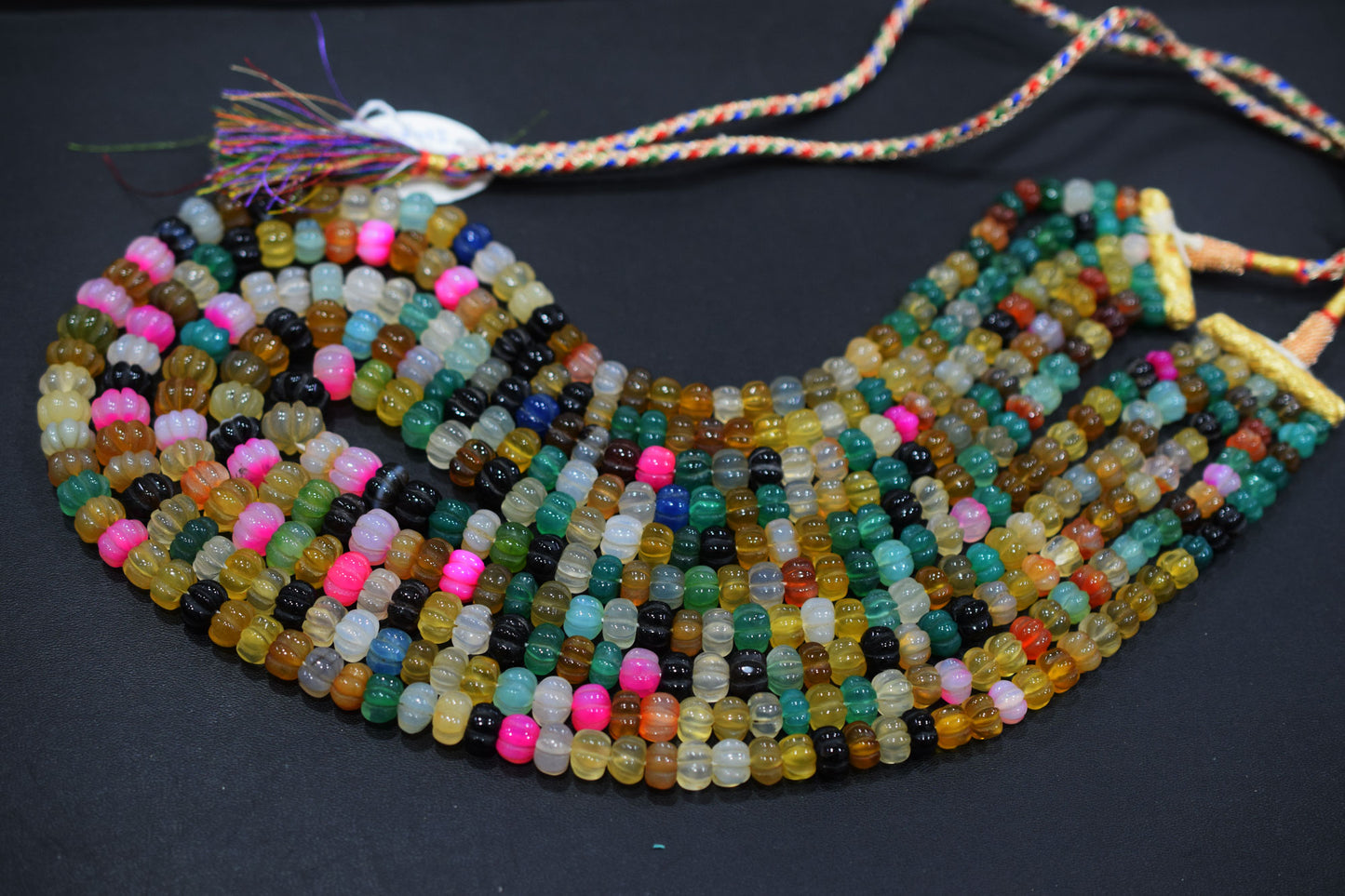 5 Lines Multi Chalcedony Carved Melon Shape Beads Necklace With Adjustable Tussle , 6 - 12 mm , 16" - 22", 18531