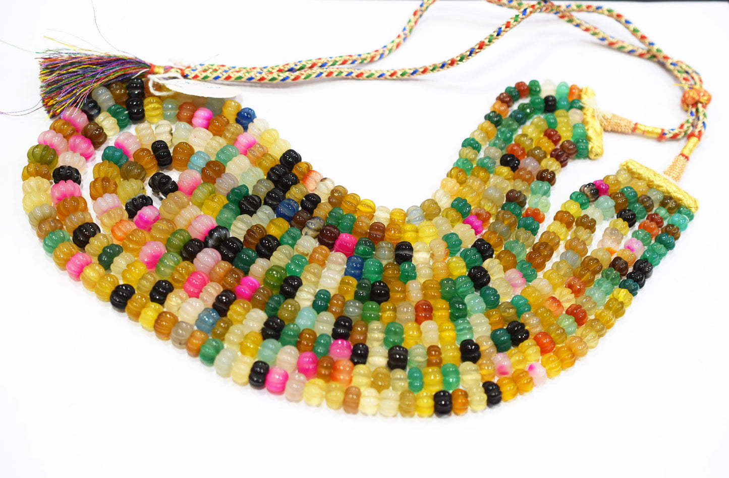 5 Lines Multi Chalcedony Carved Melon Shape Beads Necklace With Adjustable Tussle , 6 - 12 mm , 16" - 22", 18531