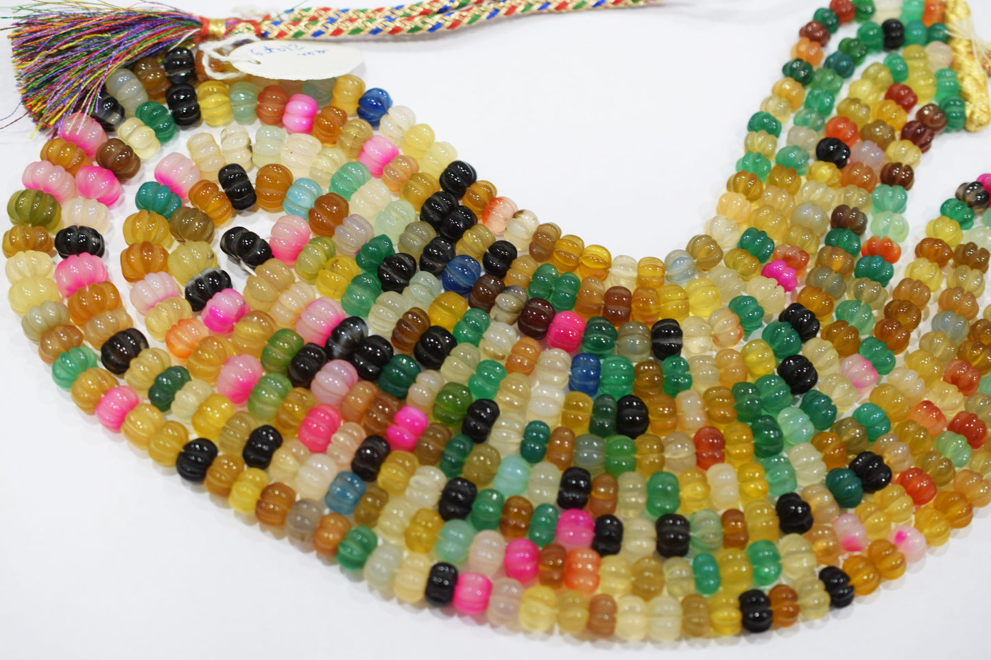 5 Lines Multi Chalcedony Carved Melon Shape Beads Necklace With Adjustable Tussle , 6 - 12 mm , 16" - 22", 18531