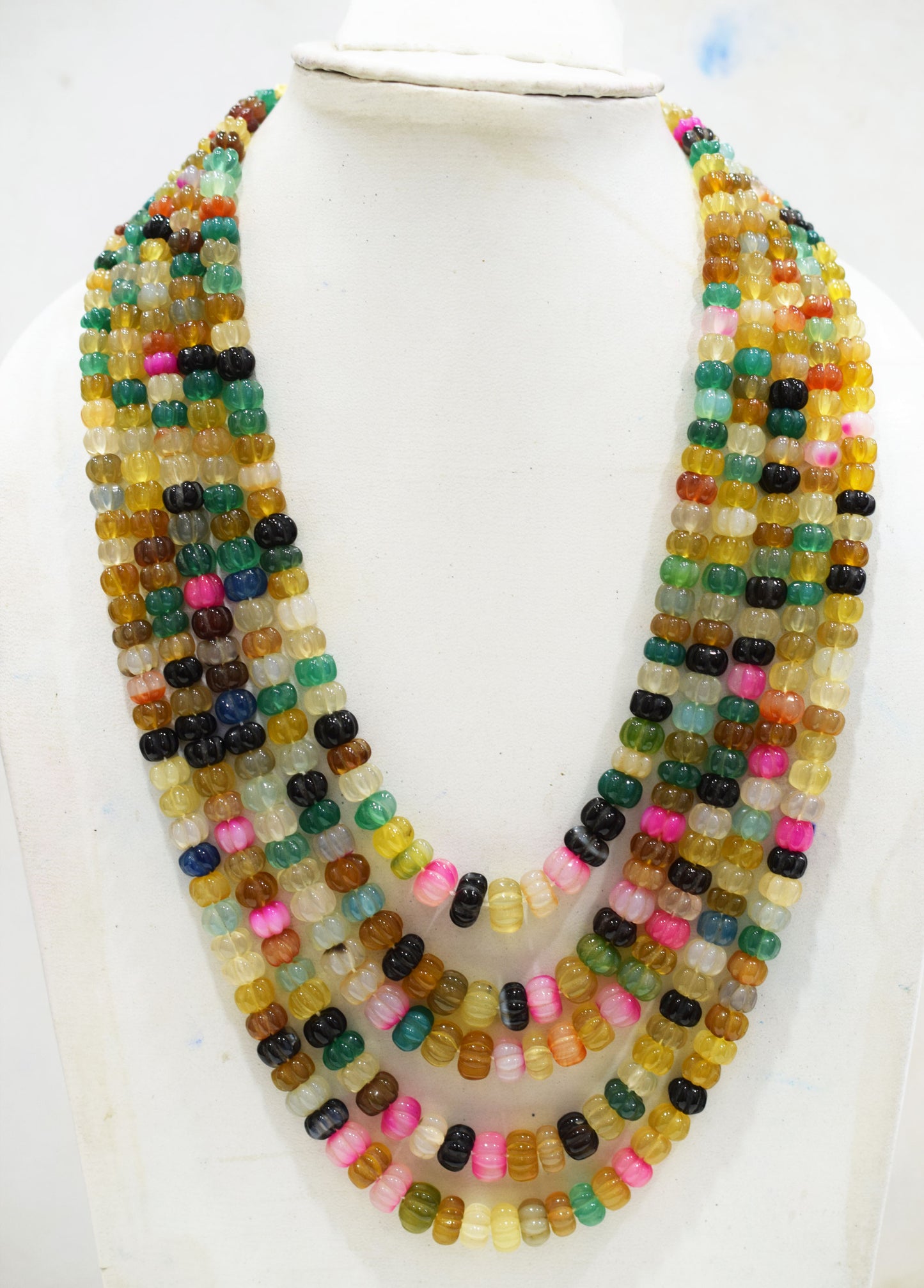 5 Lines Multi Chalcedony Carved Melon Shape Beads Necklace With Adjustable Tussle , 6 - 12 mm , 16" - 22", 18531