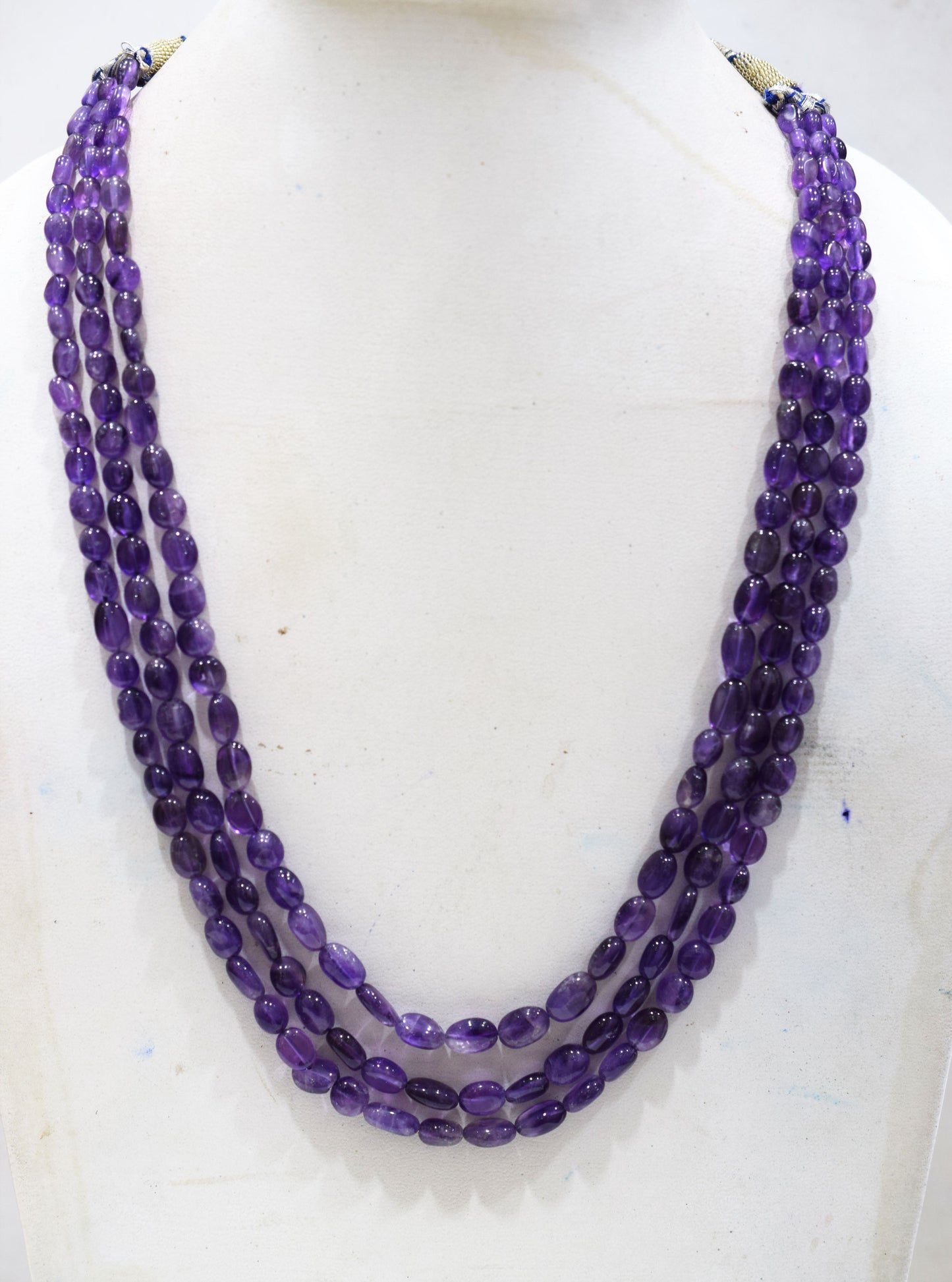 3 Lines Amethyst Smooth Oval Nuggets Shape Beads Necklace With Adjustable Tussle , 5.50x6.50 - 7x10 mm , 16" - 18", 18534