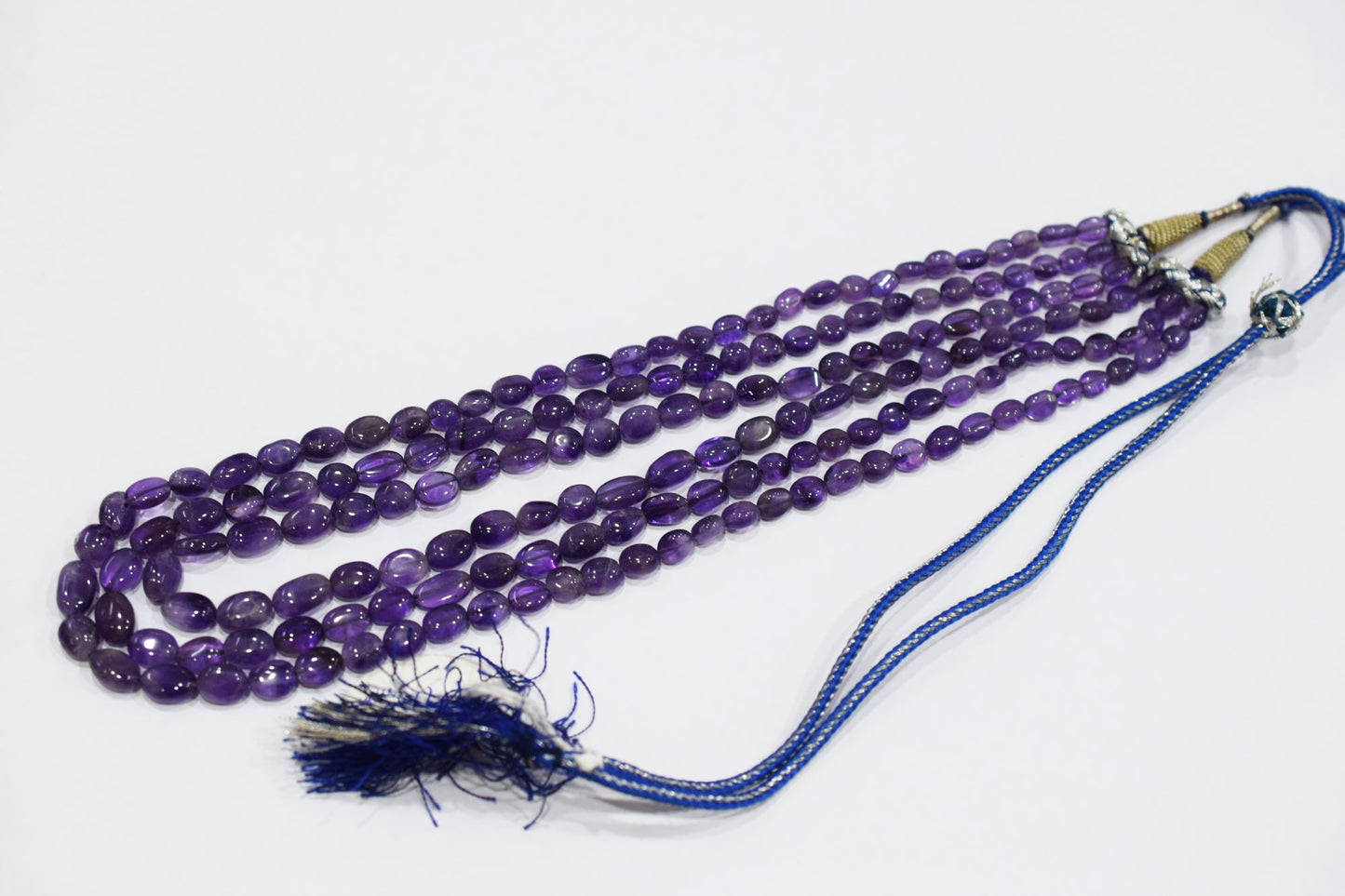 3 Lines Amethyst Smooth Oval Nuggets Shape Beads Necklace With Adjustable Tussle , 5.50x6.50 - 7x10 mm , 16" - 18", 18534