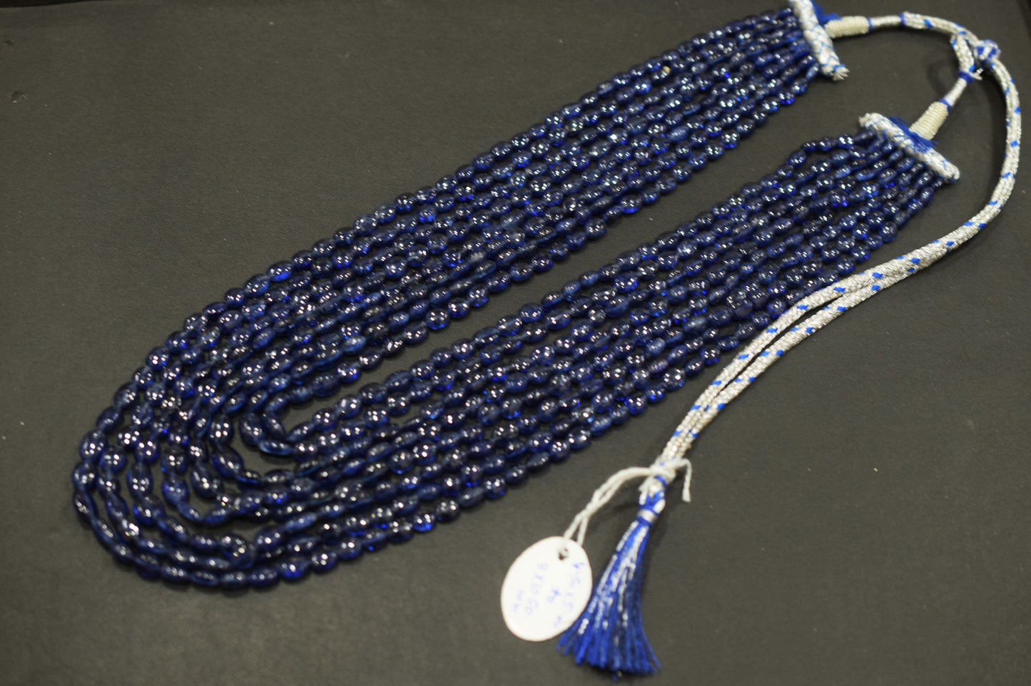 8 Lines Glass Filled Blue Sapphire Smooth Oval Nuggets Shape Beads Necklace With Adjustable Tussle , 4.50x5 - 8x10.50 mm , 16" - 22.50", 18539