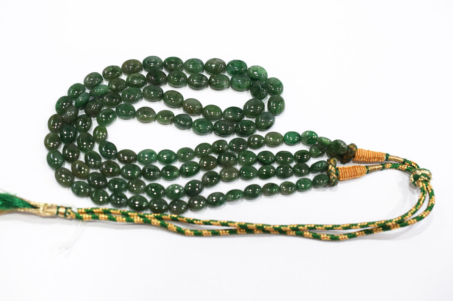 2 Line Natural Emerald Green Smooth Oval Shape Necklace With Adjustable Tussle , 7x9-10x13 mm , 21"- 22" , 18865