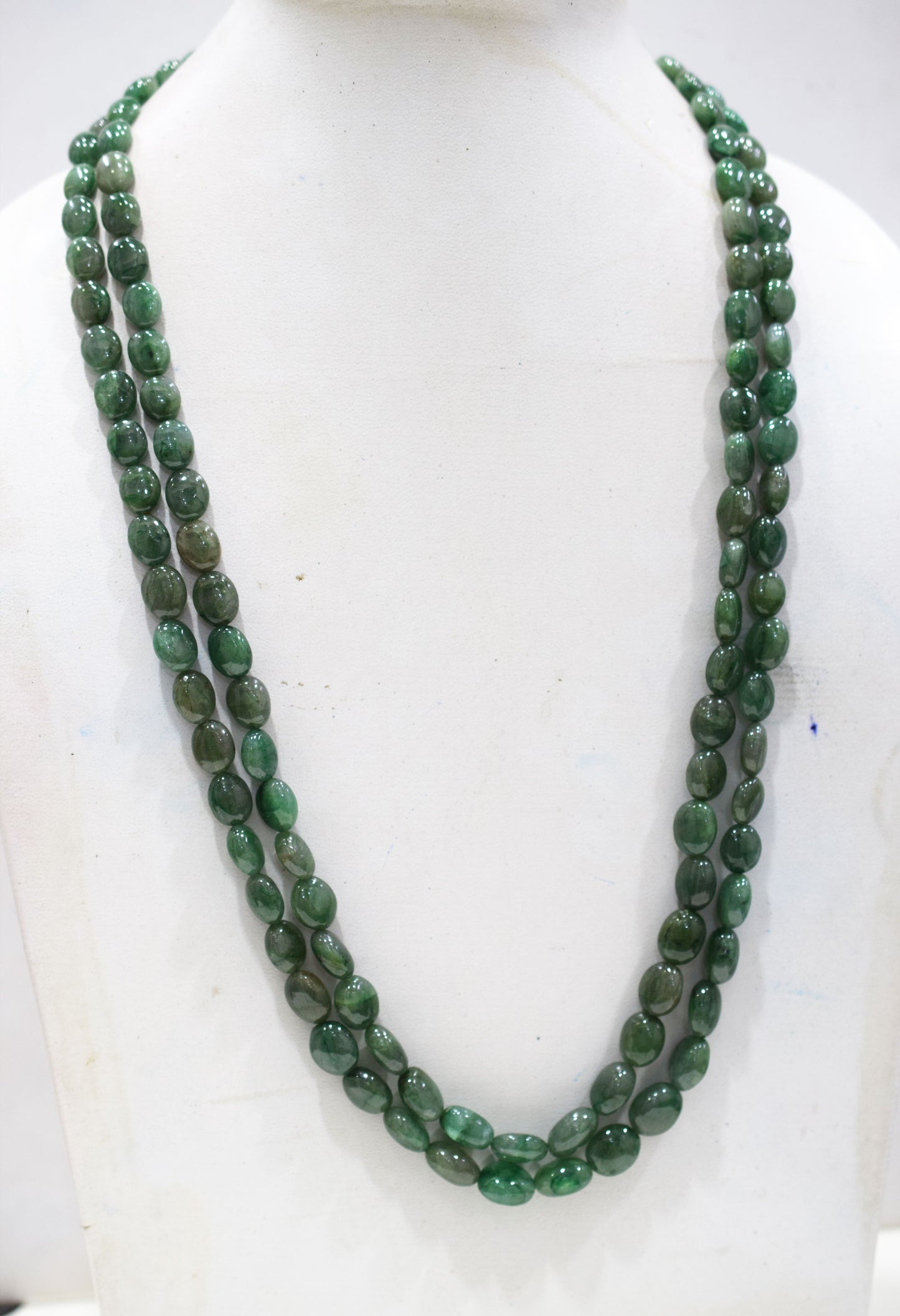 2 Line Natural Emerald Green Smooth Oval Shape Necklace With Adjustable Tussle , 7x9-10x13 mm , 21"- 22" , 18865