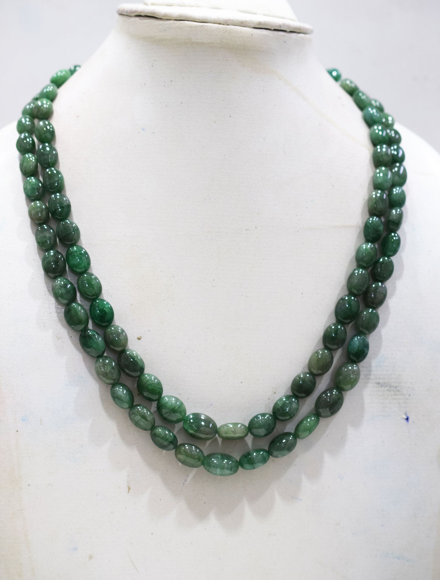 2 Line Natural Emerald Green Smooth Oval Shape Necklace With Adjustable Tussle , 6.5x8 - 10x14 mm , 17"- 18" , 18866