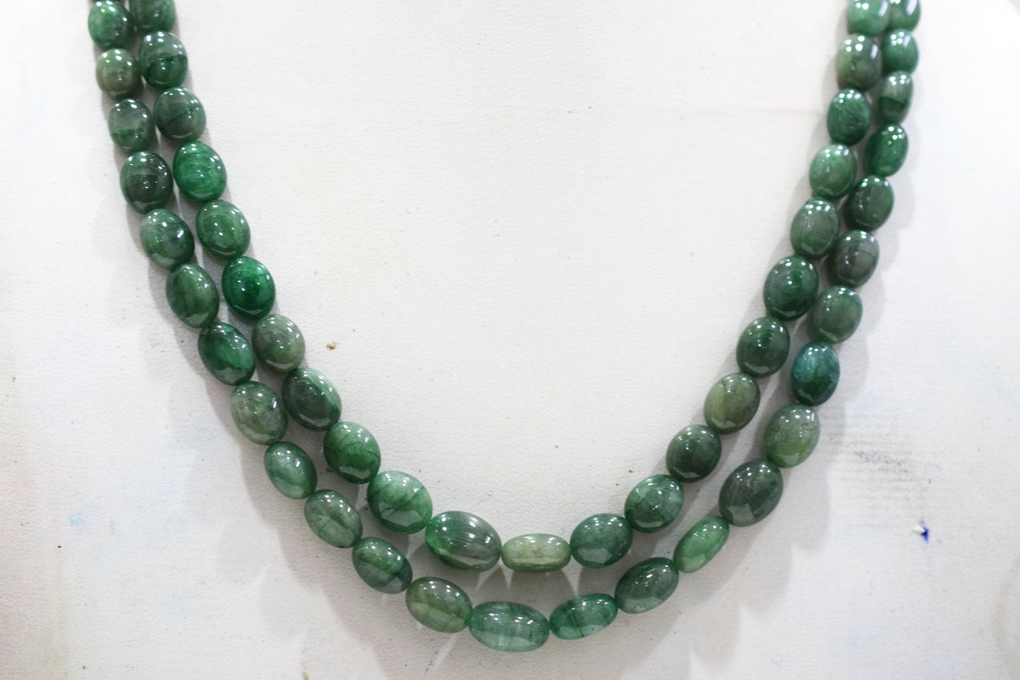 2 Line Natural Emerald Green Smooth Oval Shape Necklace With Adjustable Tussle , 6.5x8 - 10x14 mm , 17"- 18" , 18866