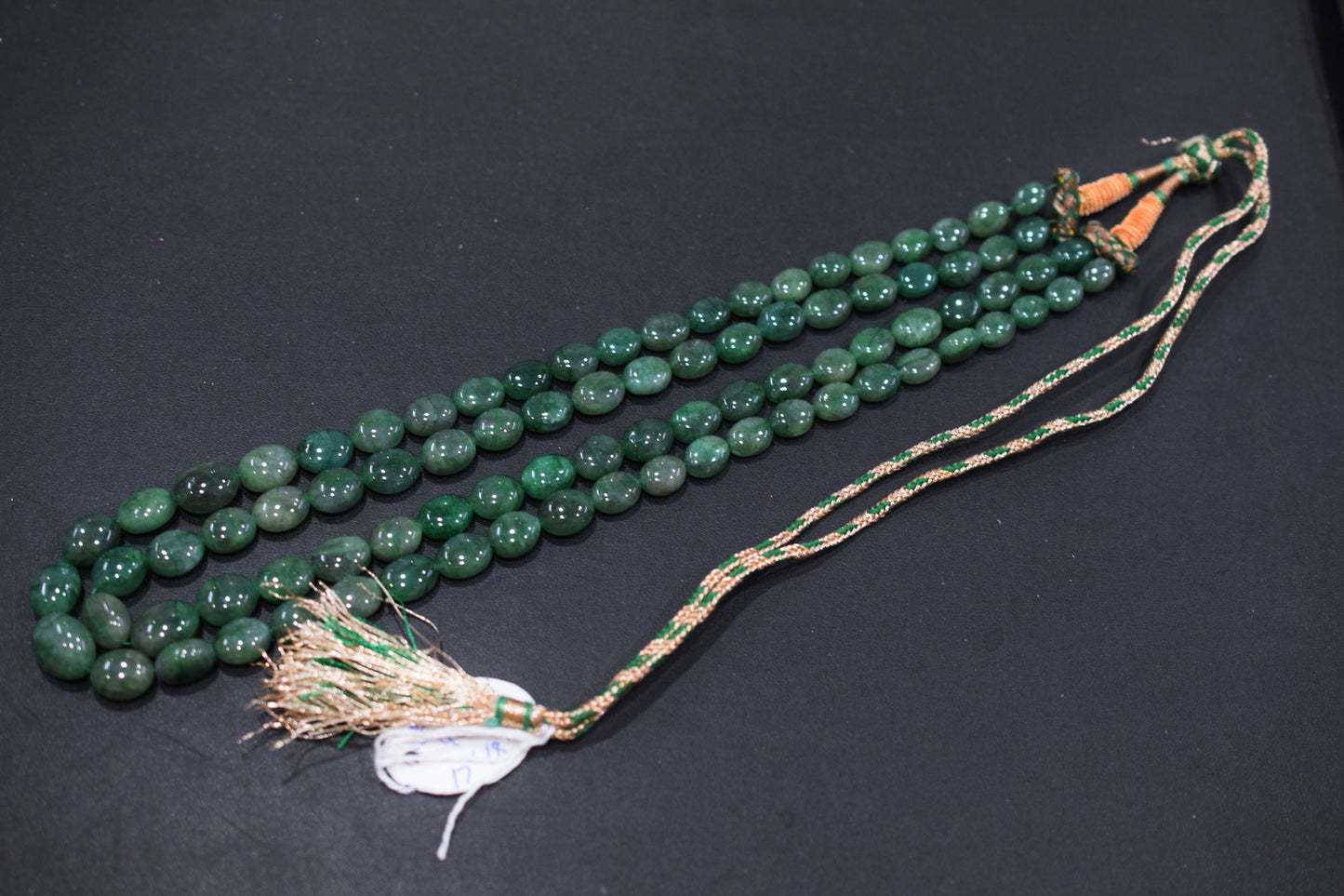 2 Line Natural Emerald Green Smooth Oval Shape Necklace With Adjustable Tussle , 6.5x8 - 10x14 mm , 17"- 18" , 18866
