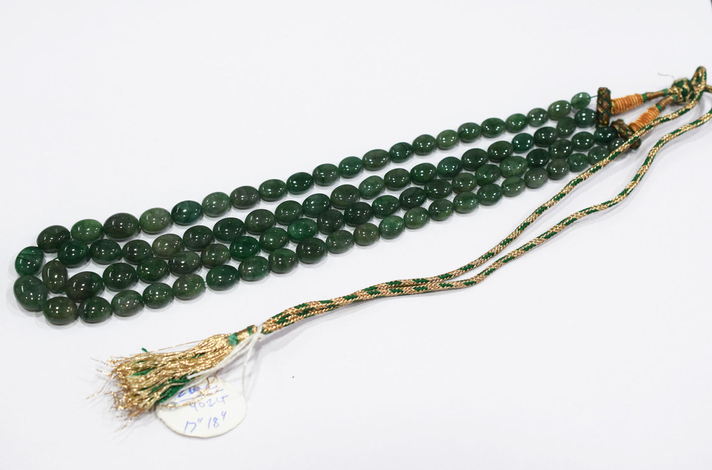 2 Line Natural Emerald Green Smooth Oval Shape Necklace With Adjustable Tussle , 6.5x8 - 10x14 mm , 17"- 18" , 18866