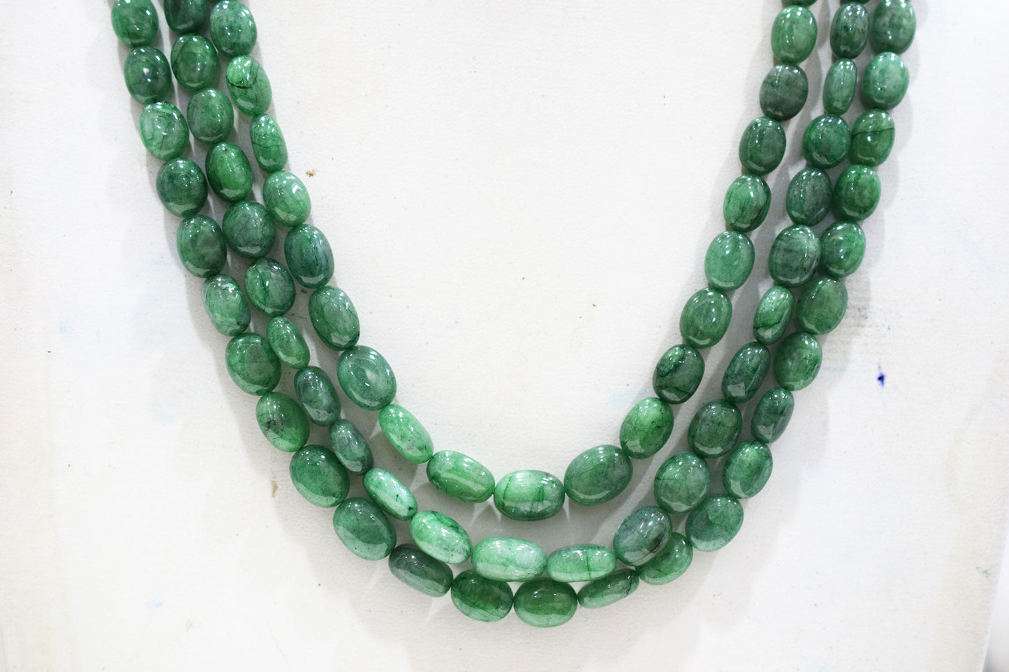 3 Line Natural Emerald Green Smooth Oval Shape Necklace With Adjustable Tussle , 7x8 - 10x13.50 mm , 17"- 21" , 18867