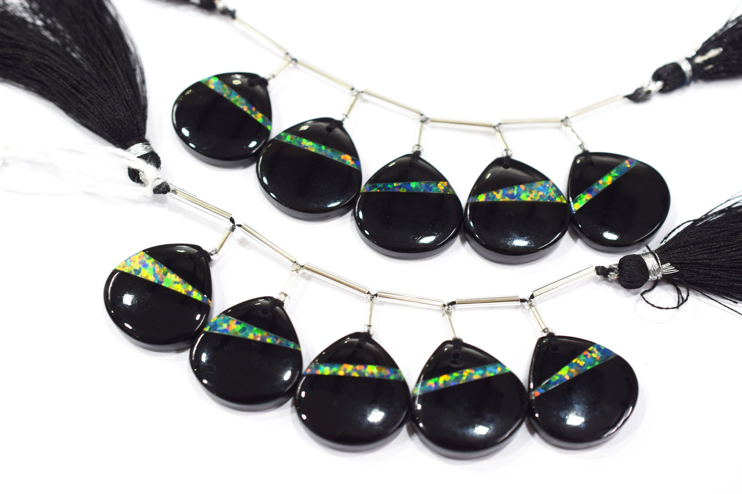 5 Pieces Ethiopian Opal Fused Black Onyx Heart Shape Briolettes , 20x20 mm , 19083