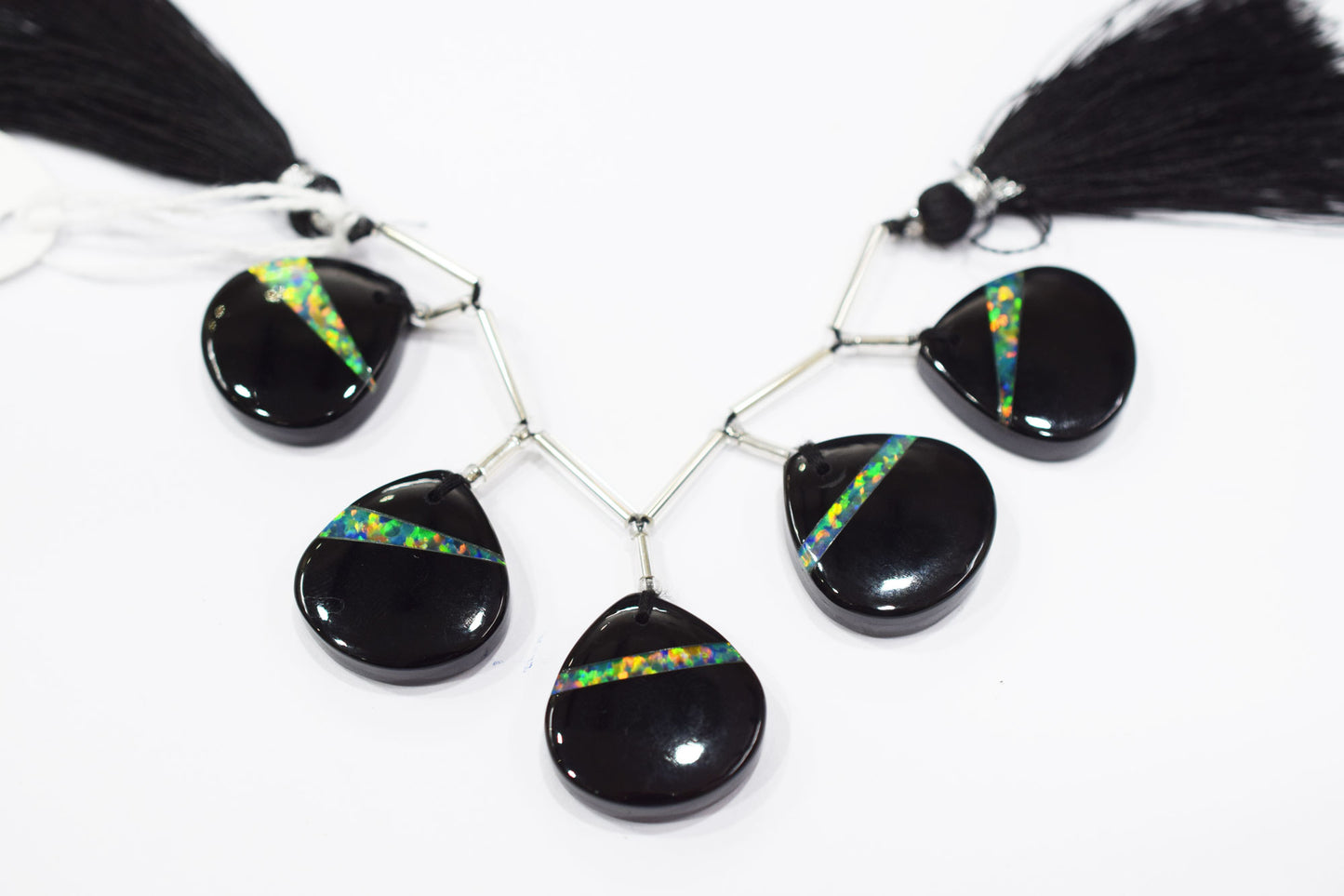 5 Pieces Ethiopian Opal Fused Black Onyx Heart Shape Briolettes , 20x20 mm , 19083