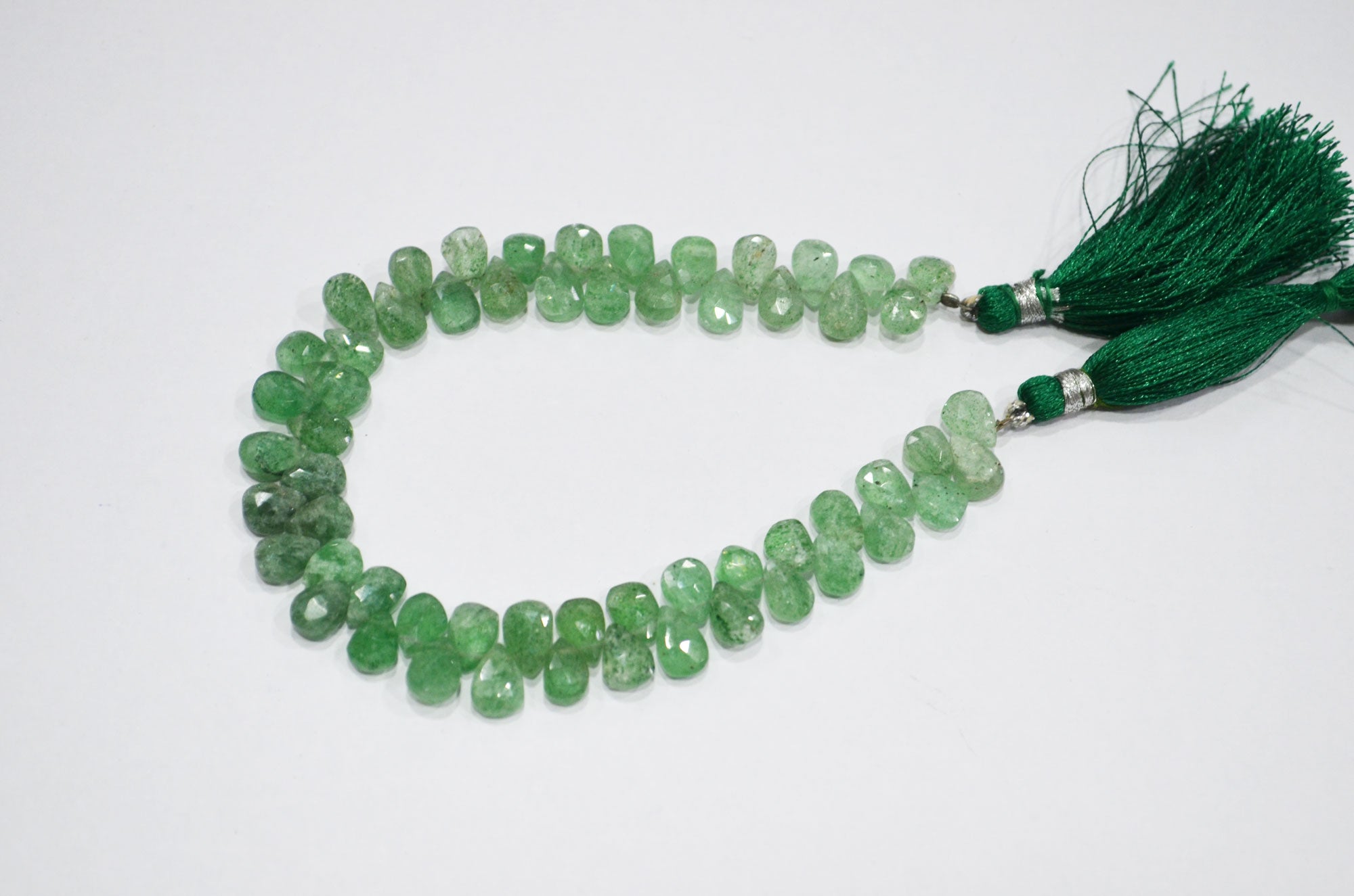 Natural Green Strawberry Pear Shape Beads , Green Strawberry Faceted Briolettes , 8 Inches , 6x8 - 6x9 mm , 19442