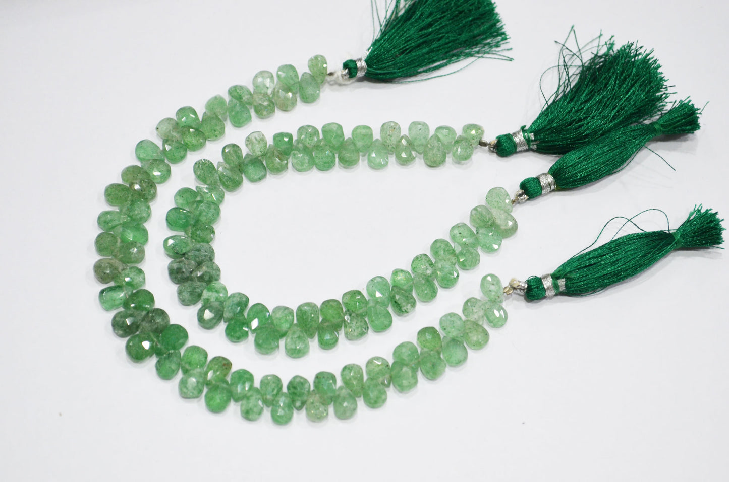 Natural Green Strawberry Pear Shape Beads , Green Strawberry Faceted Briolettes , 8 Inches , 6x8 - 6x9 mm , 19442