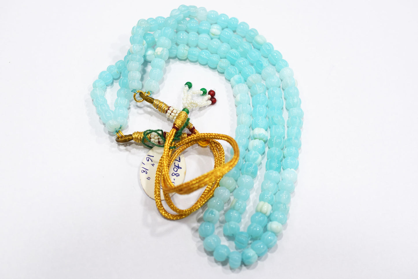2 Line Blue Opal Carved Melon Shape Necklace , 2 Line Necklace With Adjustable Tussle  , 7 - 8.50 mm , 16"-18" , 20188