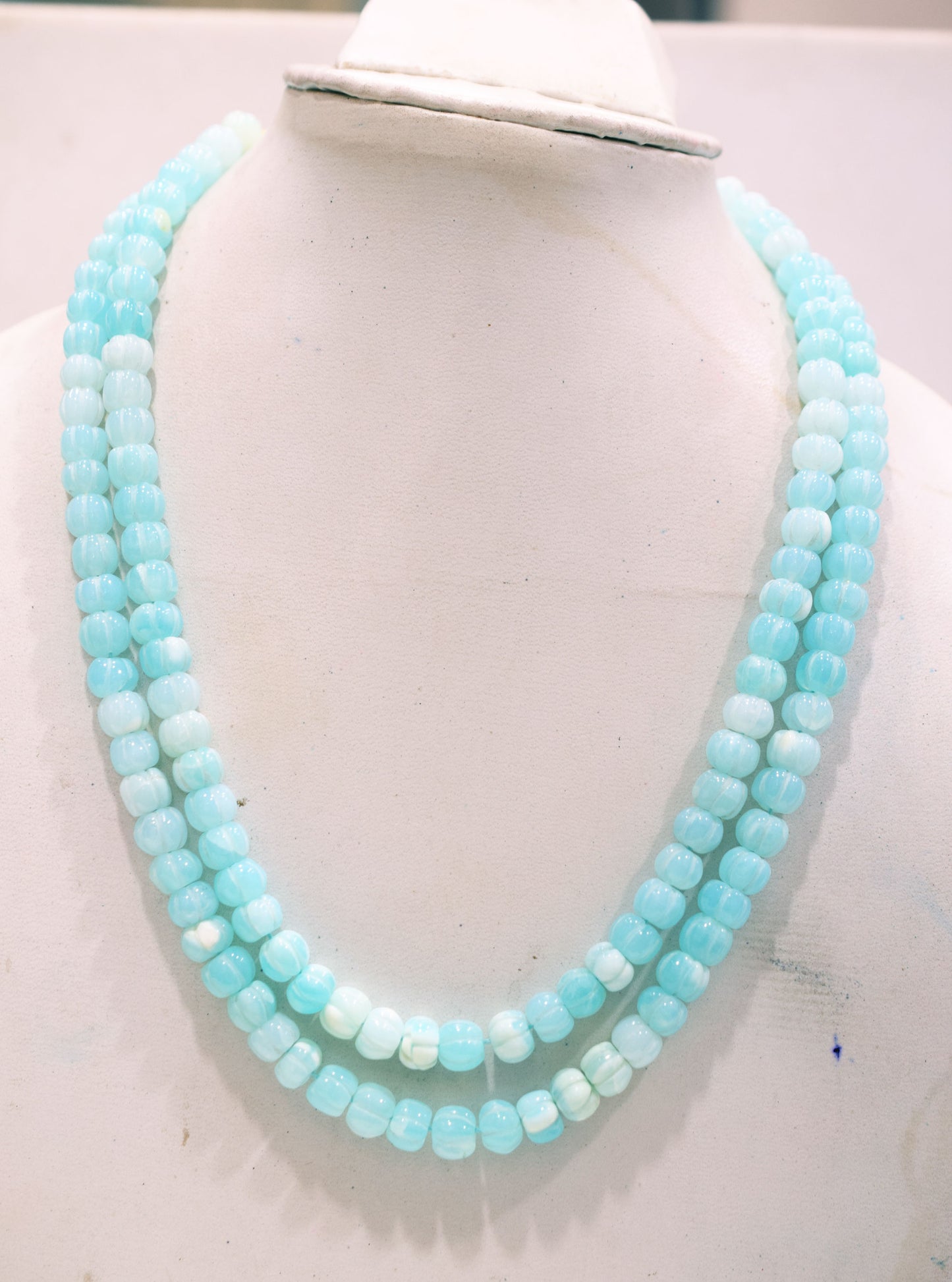 2 Line Blue Opal Carved Melon Shape Necklace , 2 Line Necklace With Adjustable Tussle  , 8.50 - 9 mm , 16"-18" , 20189