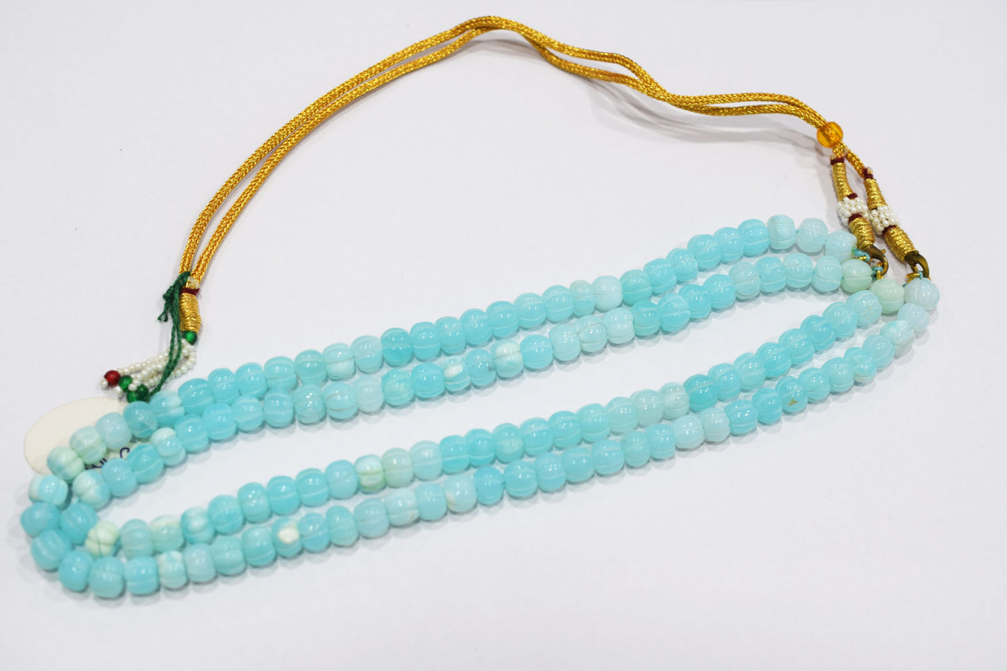 2 Line Blue Opal Carved Melon Shape Necklace , 2 Line Necklace With Adjustable Tussle  , 8.50 - 9 mm , 16"-18" , 20189
