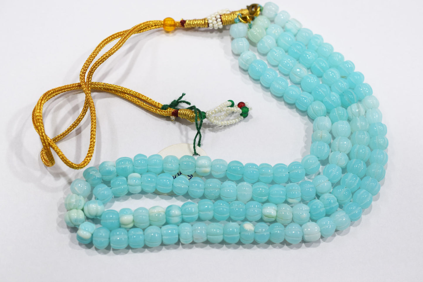 2 Line Blue Opal Carved Melon Shape Necklace , 2 Line Necklace With Adjustable Tussle  , 8.50 - 9 mm , 16"-18" , 20189