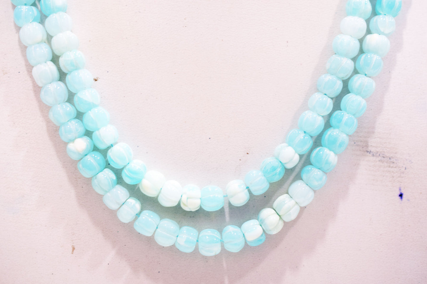 2 Line Blue Opal Carved Melon Shape Necklace , 2 Line Necklace With Adjustable Tussle  , 8.50 - 9 mm , 16"-18" , 20189