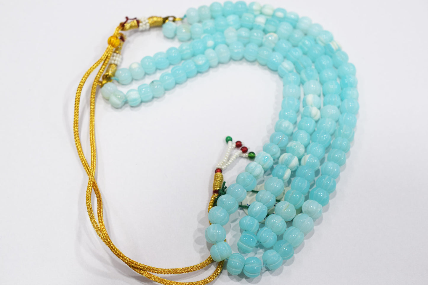 2 Line Blue Opal Carved Melon Shape Necklace , 2 Line Necklace With Adjustable Tussle  , 9 - 10 mm , 16"-18" , 20190