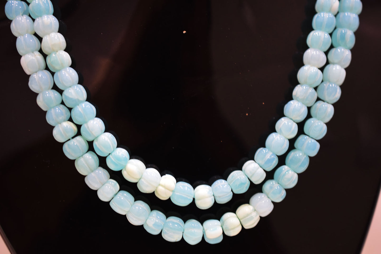 2 Line Blue Opal Carved Melon Shape Necklace , 2 Line Necklace With Adjustable Tussle  , 9 - 10 mm , 16"-18" , 20190
