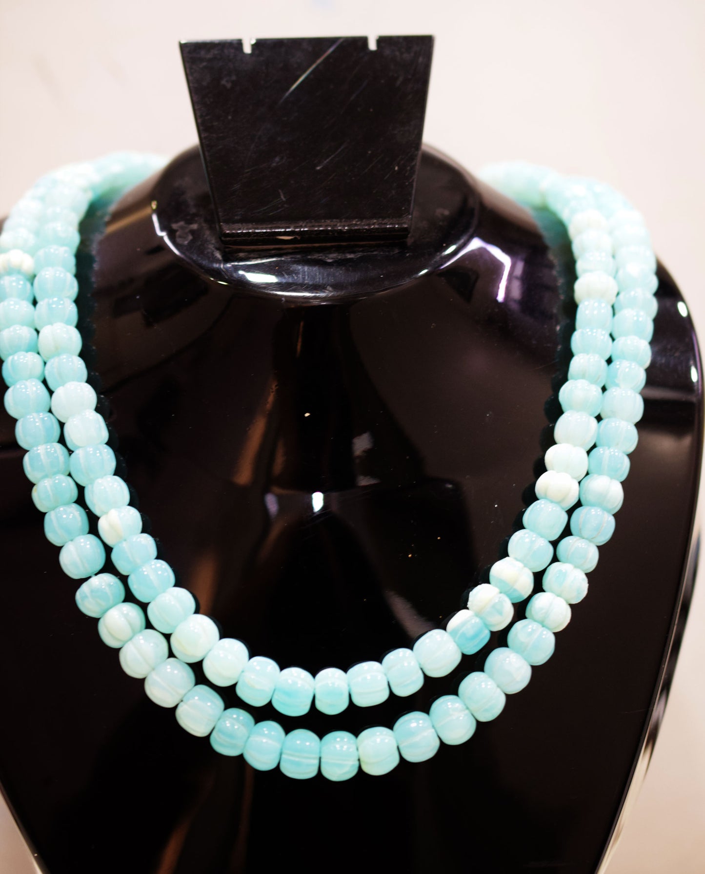 2 Line Blue Opal Carved Melon Shape Necklace , 2 Line Necklace With Adjustable Tussle  , 9 - 10 mm , 16"-18" , 20190