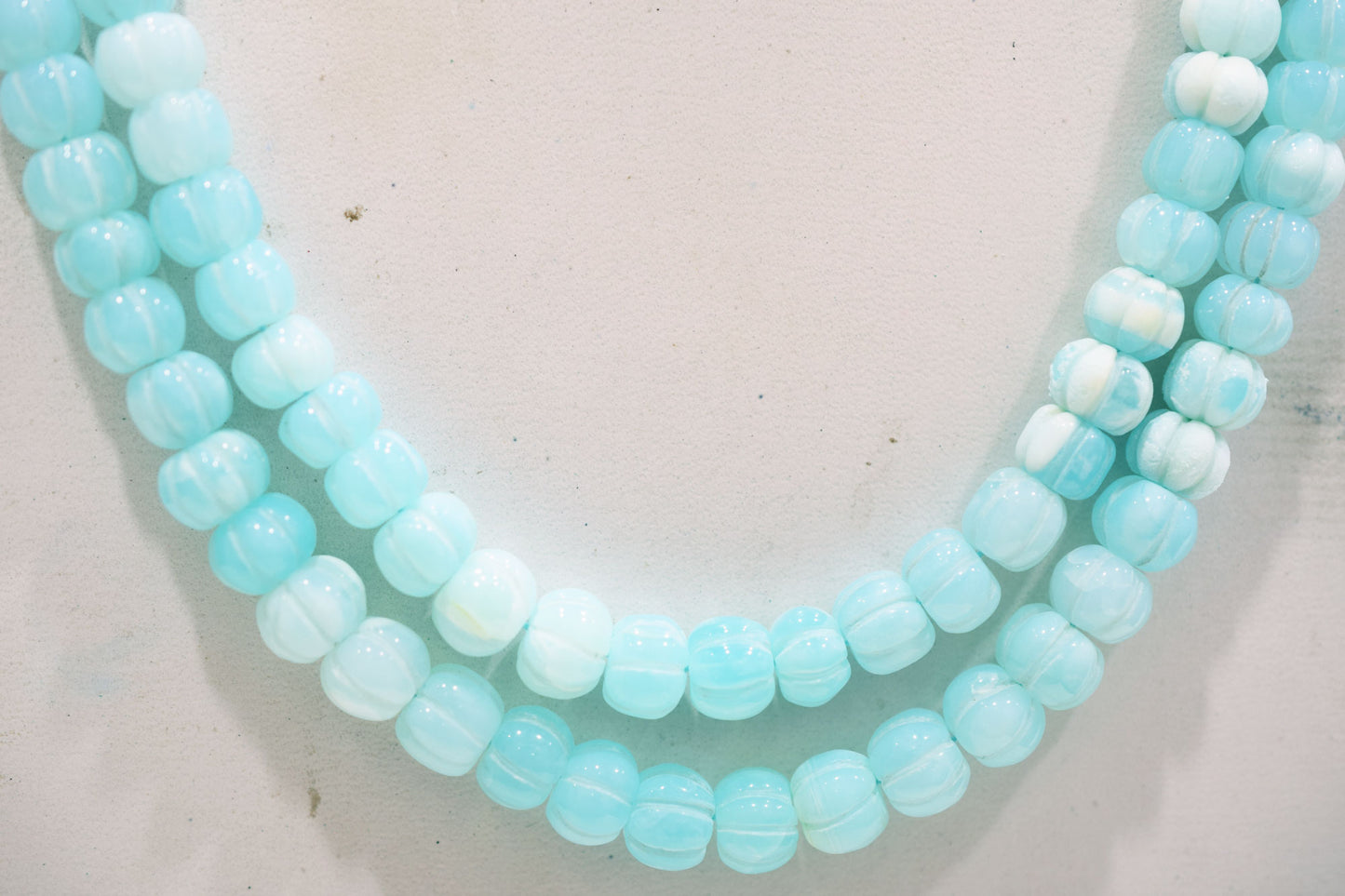 2 Line Blue Opal Carved Melon Shape Necklace , 2 Line Necklace With Adjustable Tussle  , 9 - 10 mm , 16"-18" , 20190