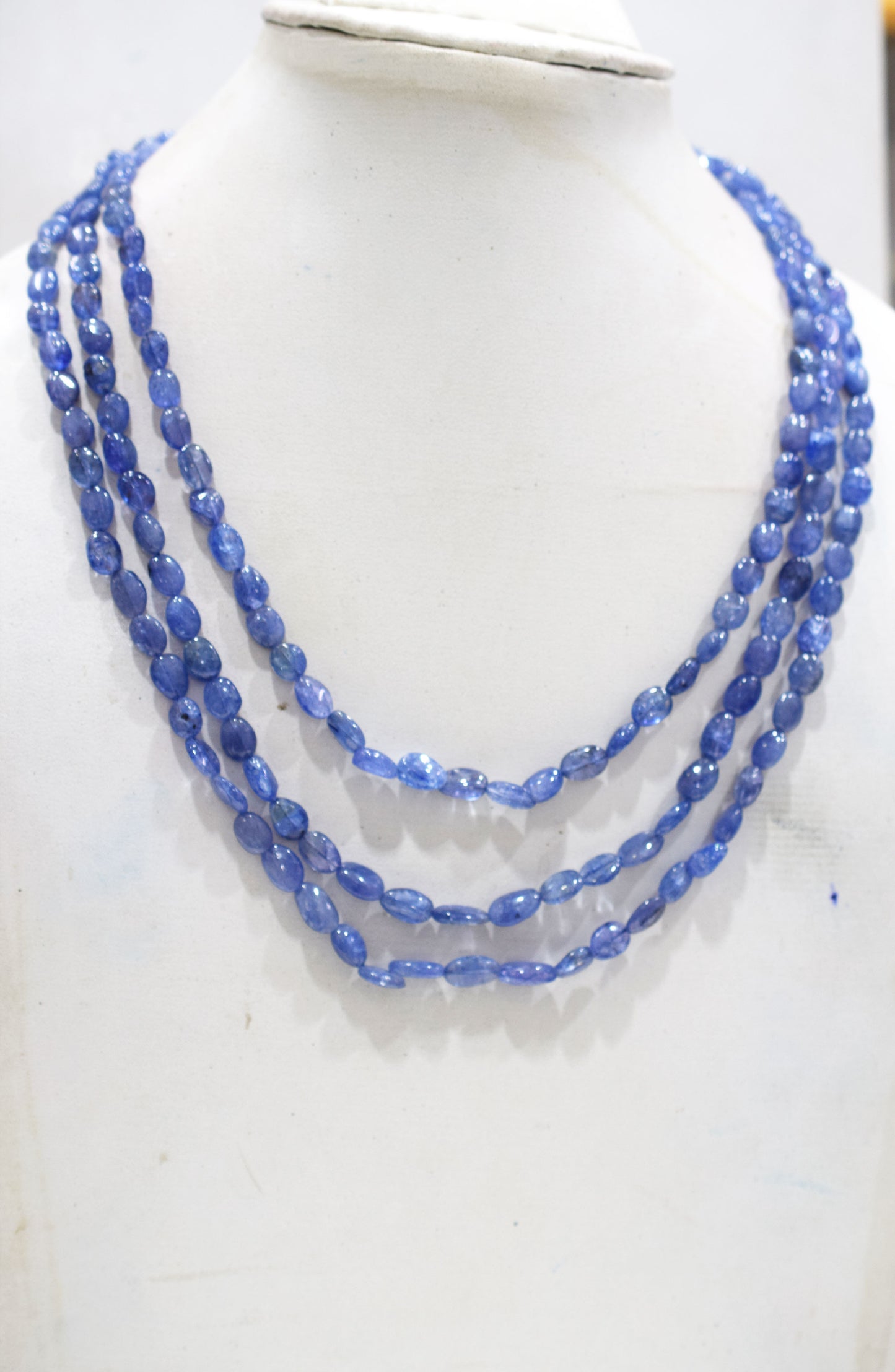 3 Lines Tanzanite Smooth Nuggets Shape Necklace , 3 Line Necklace 16 - 18 Inches Long With Adjustable Tussle , 6x7.5 - 6.5x9 mm , 20202